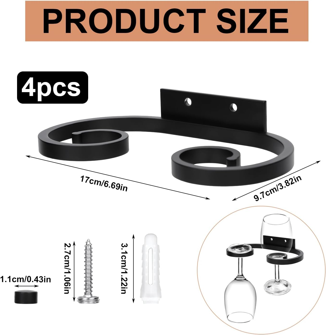 PEUTIER 4Pcs Wall Mounted Wine Glass Rack, 6.69X3.82 Inch Wine Glass Holder Metal Wine Glass Hangers Wine Glass Rack under Shelf Cabinet Stemware Storage Organizer for Kitchen Bar