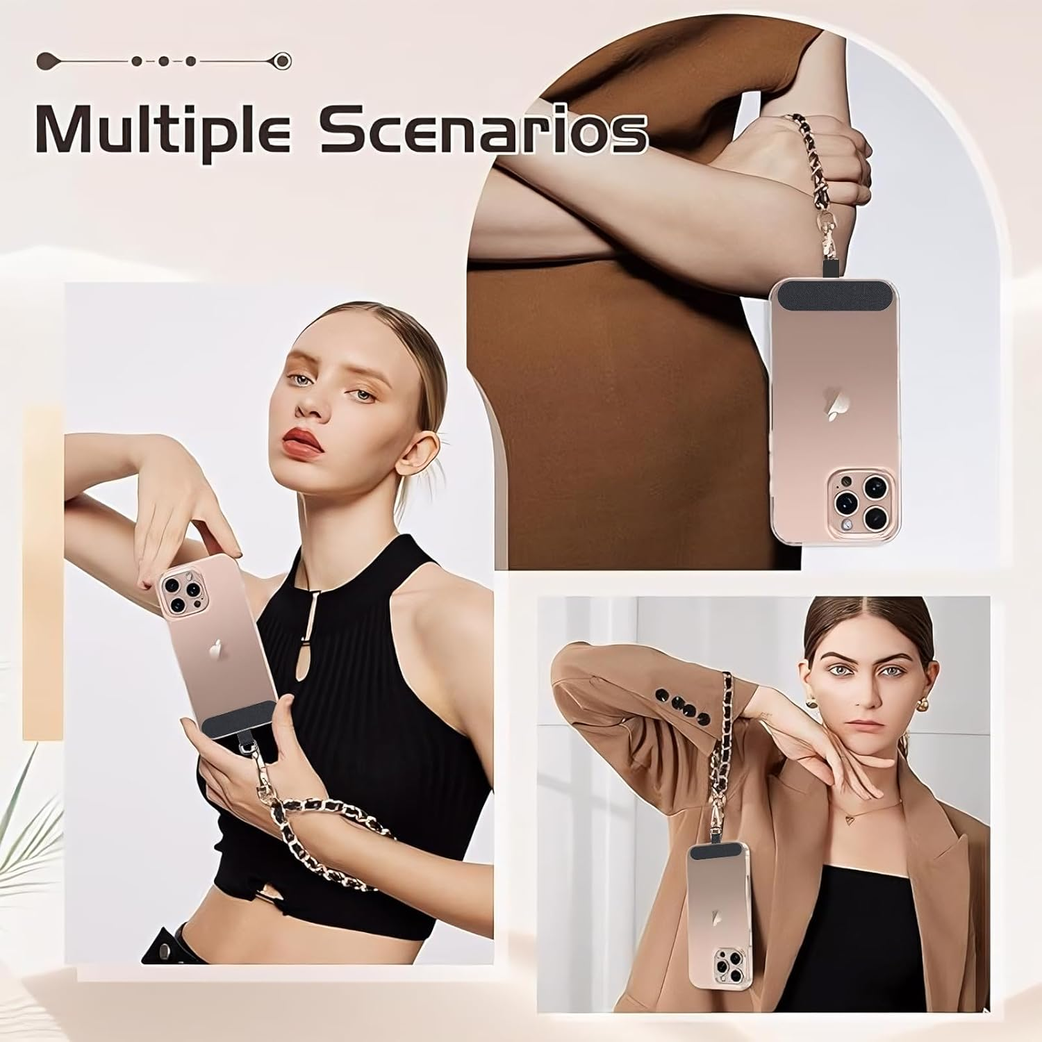 AIQIUQIU Cell Phone Charm Strap with Wrist Metal Chain Detachable Phone Lanyard for Girls Women, Adjustable Wrist Strap Hand Lanyard for All Smartphone - Black/Gold image number 4