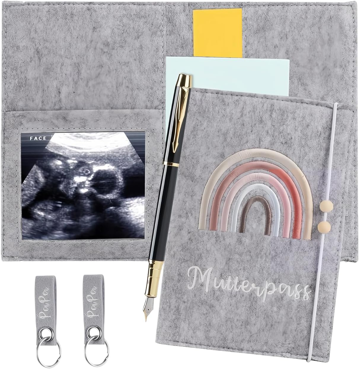 Maternity Log Felt Maternity Log Sleeves Light Grey Felt Protective Cover with Compartments with Key Chain for Insurance Card Storage Ultrasound Images image number 6