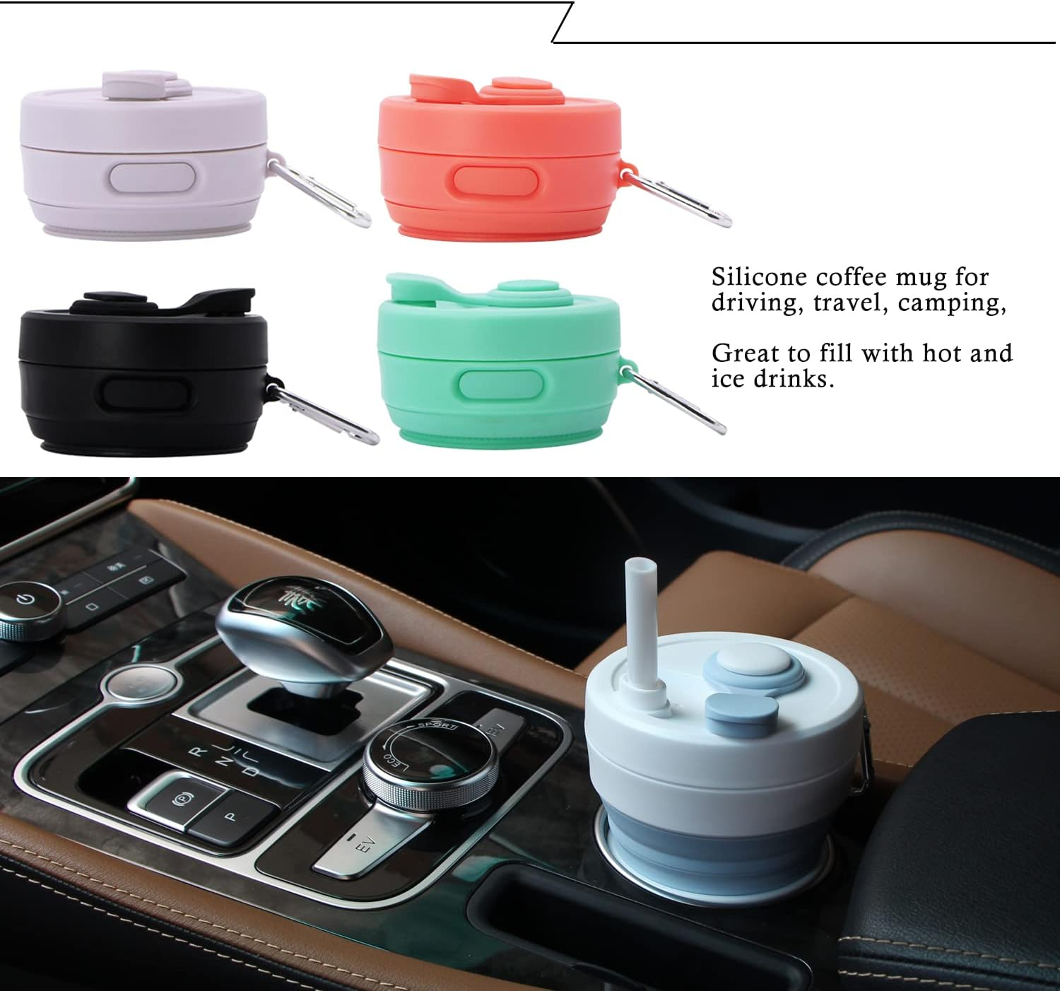 Silicone Coffee Mug Collapsible Cups for Camping Folding Travel with Straw Reusable Portable Drinking Cups Outdoor Hiking 450Ml (Black-450Ml, 1) - Black image number 2