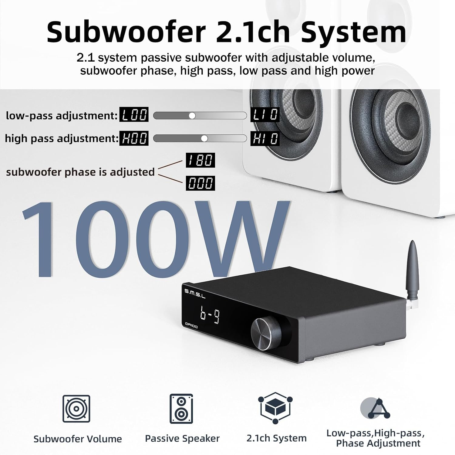 SMSL DA100 Audio Amplifier 2 Channel Passive Subwoofer Bluetooth 5.3/Usb/Optical/Hdmi(Arc)/Line-In Input 100W Bass Output Power AMP 2*TAS5827 for Desktop Home Theater Bookshelf Tower Passive Speakers image number 3