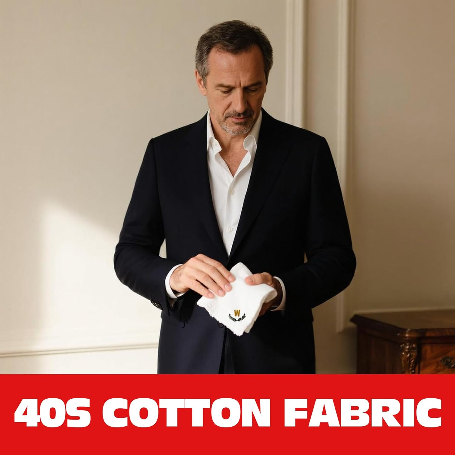 Chromatelle 3 Pcs Men'S Handkerchiefs, White Embroidered Initial Monogrammed Handkerchiefs for Men Suit Soft Cotton image number 5