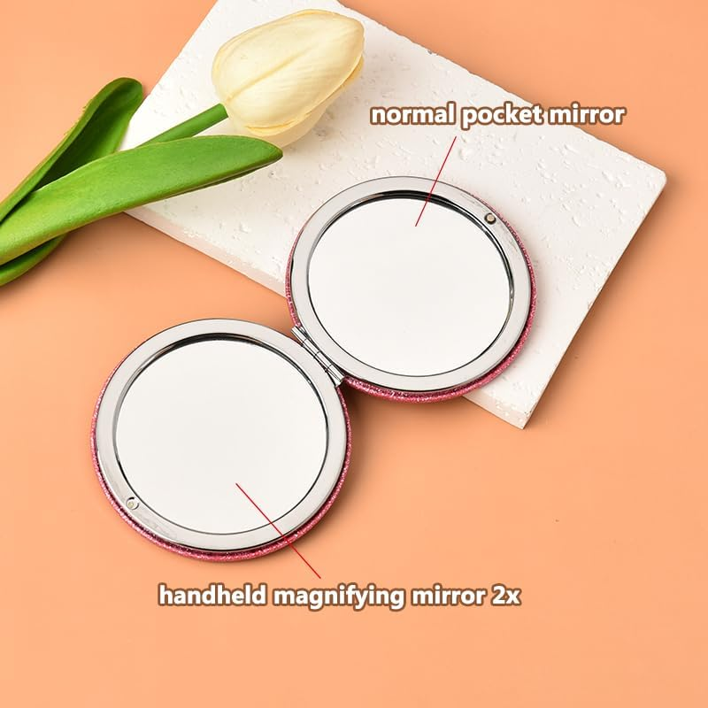 Pink Compact Mirror for Purse - 1X/2X Magnifying Mirror with PU Leather Case - Portable Hand Mirror image number 3