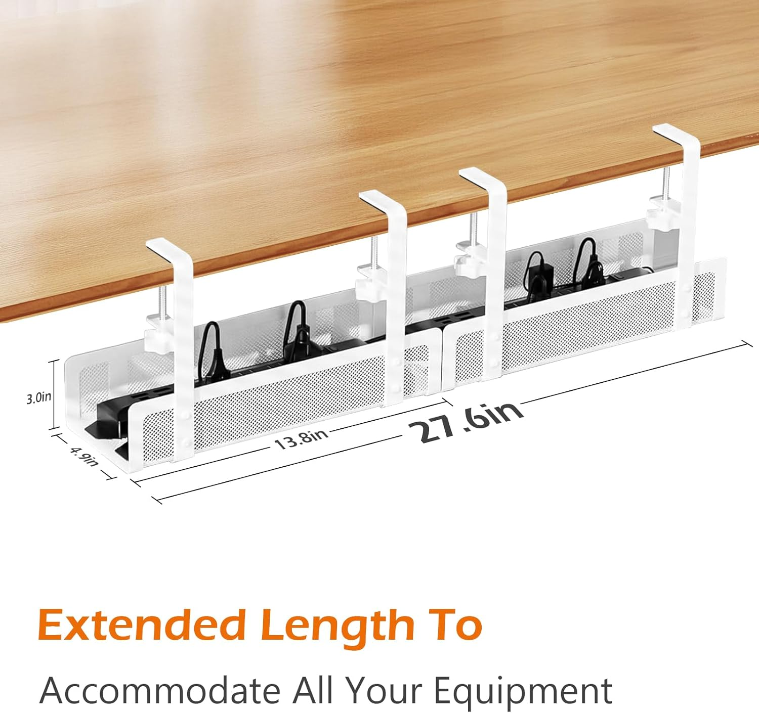 Under Desk Cable Management Tray, 27.6In No Drill Cable Tray, Desk Cable Management Box with Clamp for Desk, under Desk Storage for Office Home, White image number 5