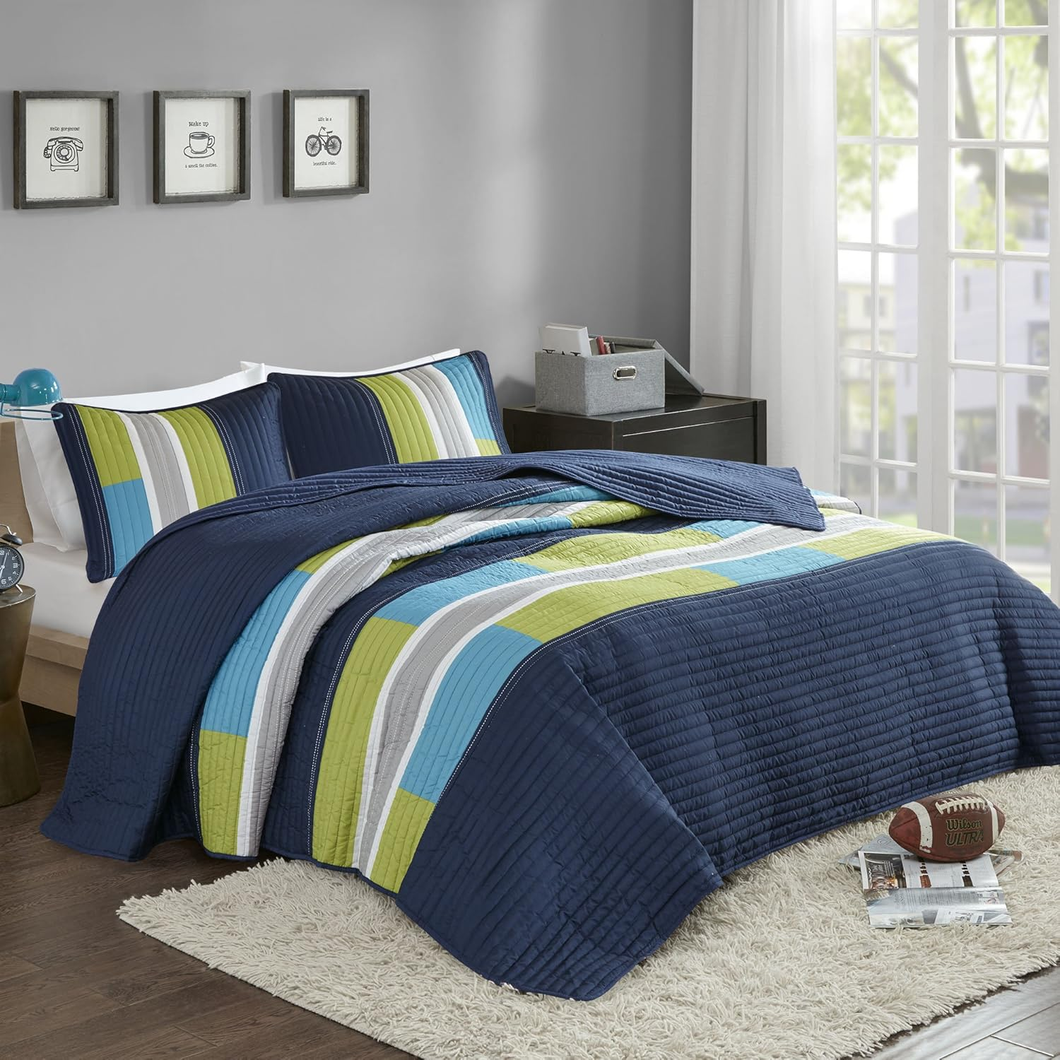 Comfort Spaces Quilt Set Trendy Casual Fun, Vibrant Color Design, Hypoallergenic All Season, Lightweight Coverlet Bedspread Cozy Kids Bedding & Sham Full/Queen Pierre Navy/Blue 3 Piece image number 2