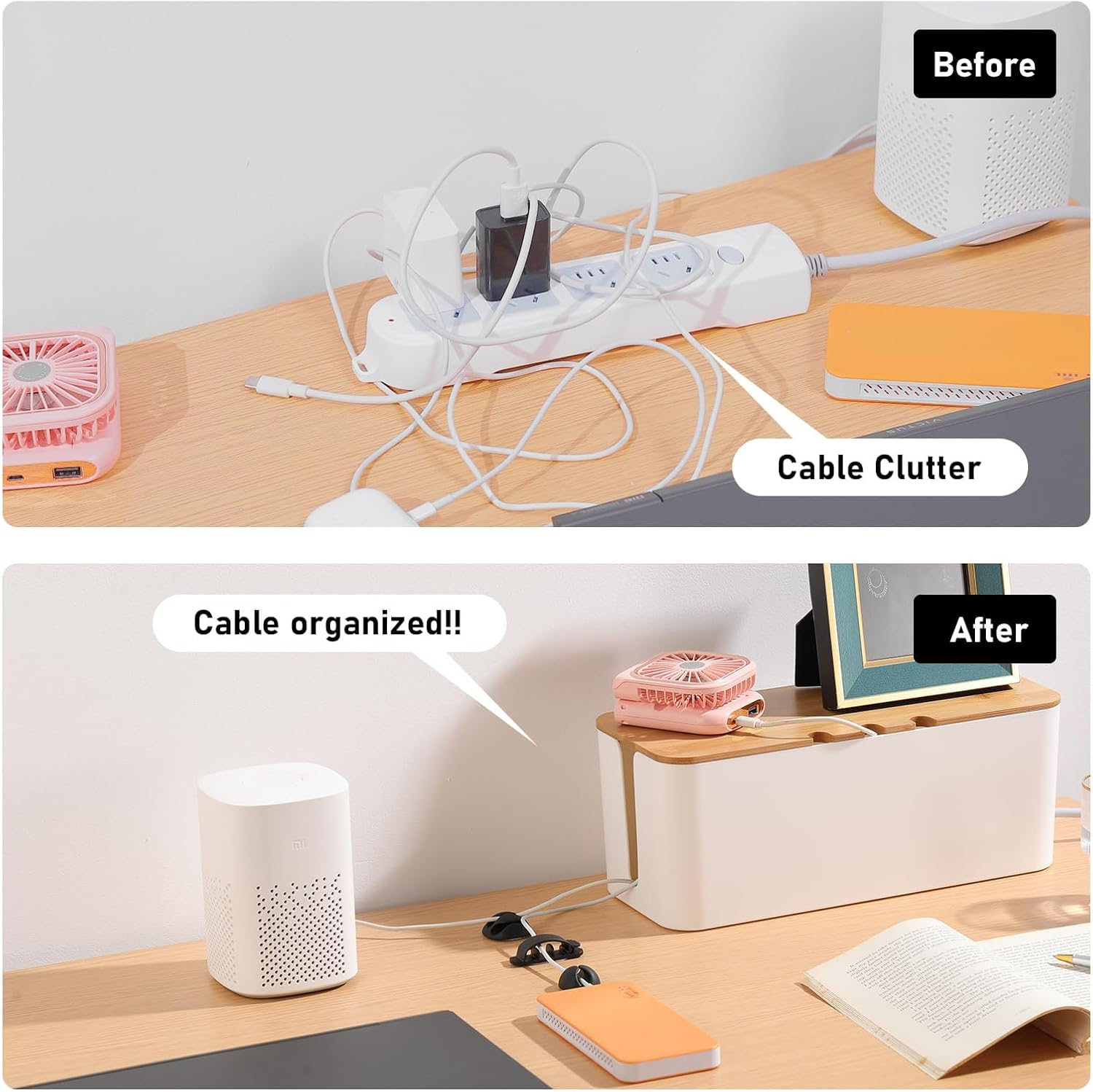 3 Sets of Cable Management Box,Bamboo Cover Cable Organizer Box Storage Tidy for Desk TV Computer USB Hub Phone Holder, Powerboard Charging Cable image number 1