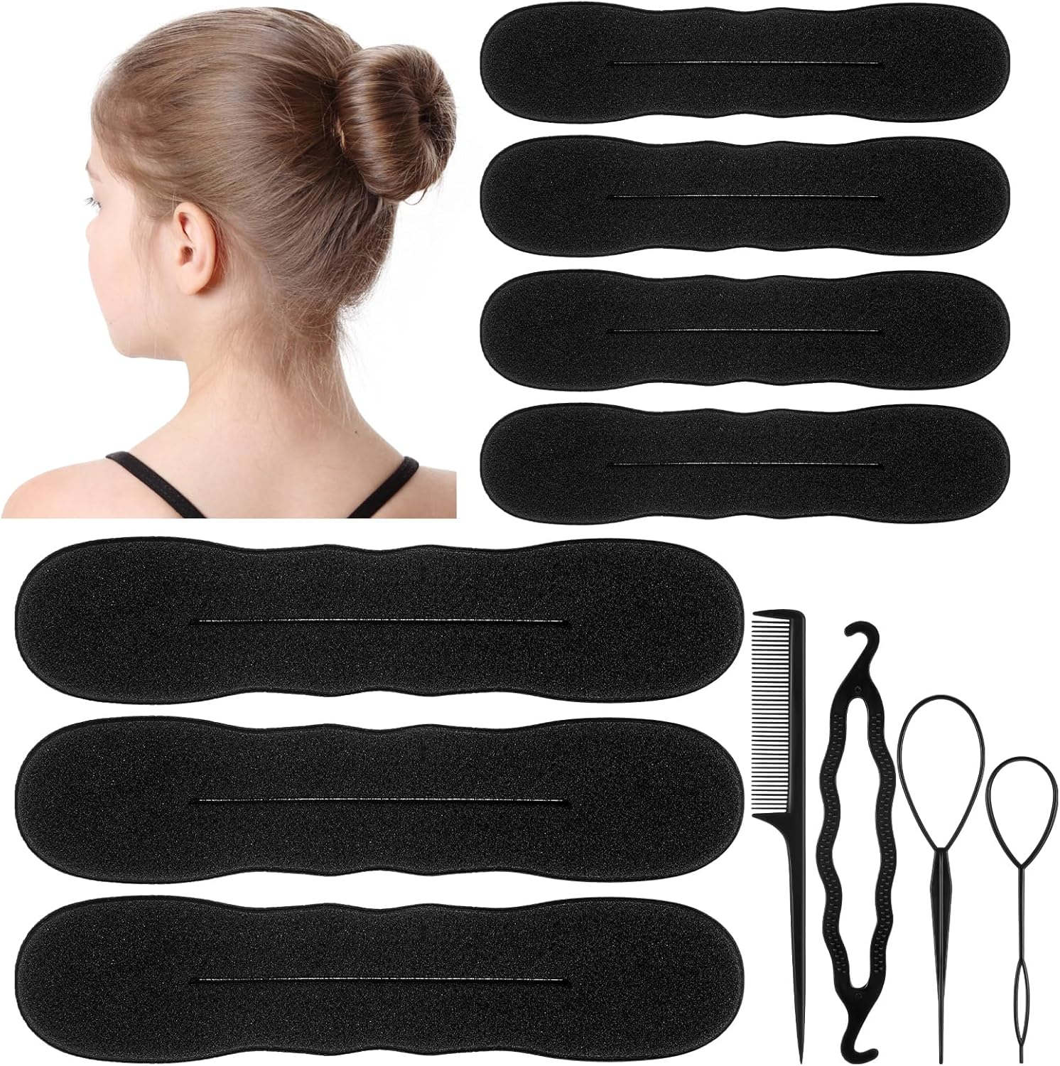11Pcs Hair Bun Maker Kit, (3 Large, 4 Small) Soft Foam Sponge Buns with 3Pcs Twist Hair Tool and Comb, Reusable Flexible Hair Bun Donut for Women Updos, Ballet Buns, Waves Style image number 1