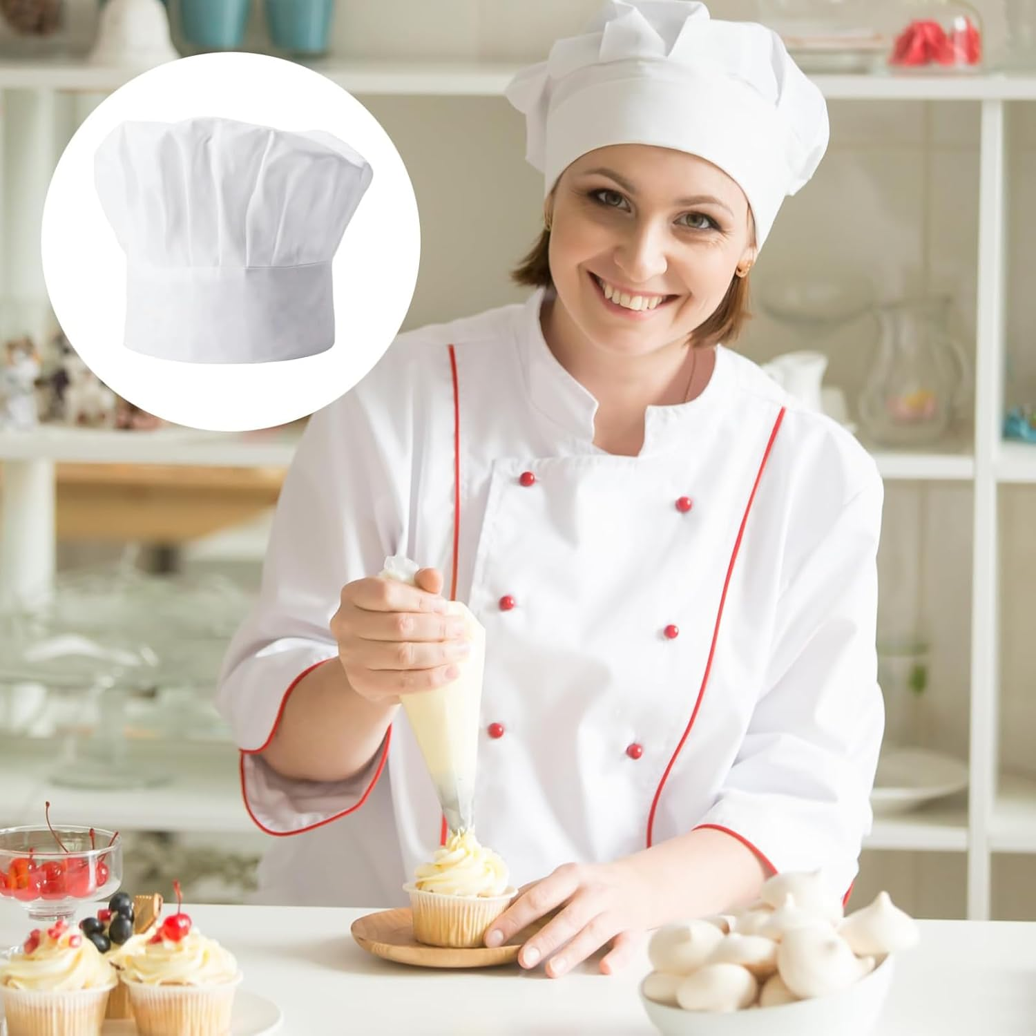 JOMWEN Chef Hat, 3 Pcs Adult Kids Adjustable Baker Kitchen Cooking Chef Cap, Bakery Hats for Cooking, Uniform Cap, White/Unisex image number 2