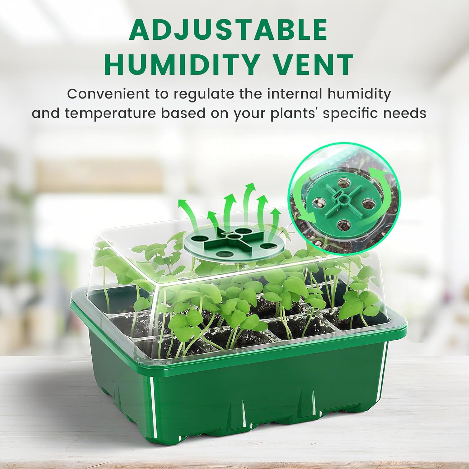 Bonlux 5 Packs Seed Starter Tray with Plant Light, Elevated Seedling Starter Trays Kits with Adjustable Humidity Domes and Clear Cell Tray, 4 Full Spectrum Led Lamp Beads for Plants Indoor-Green image number 4