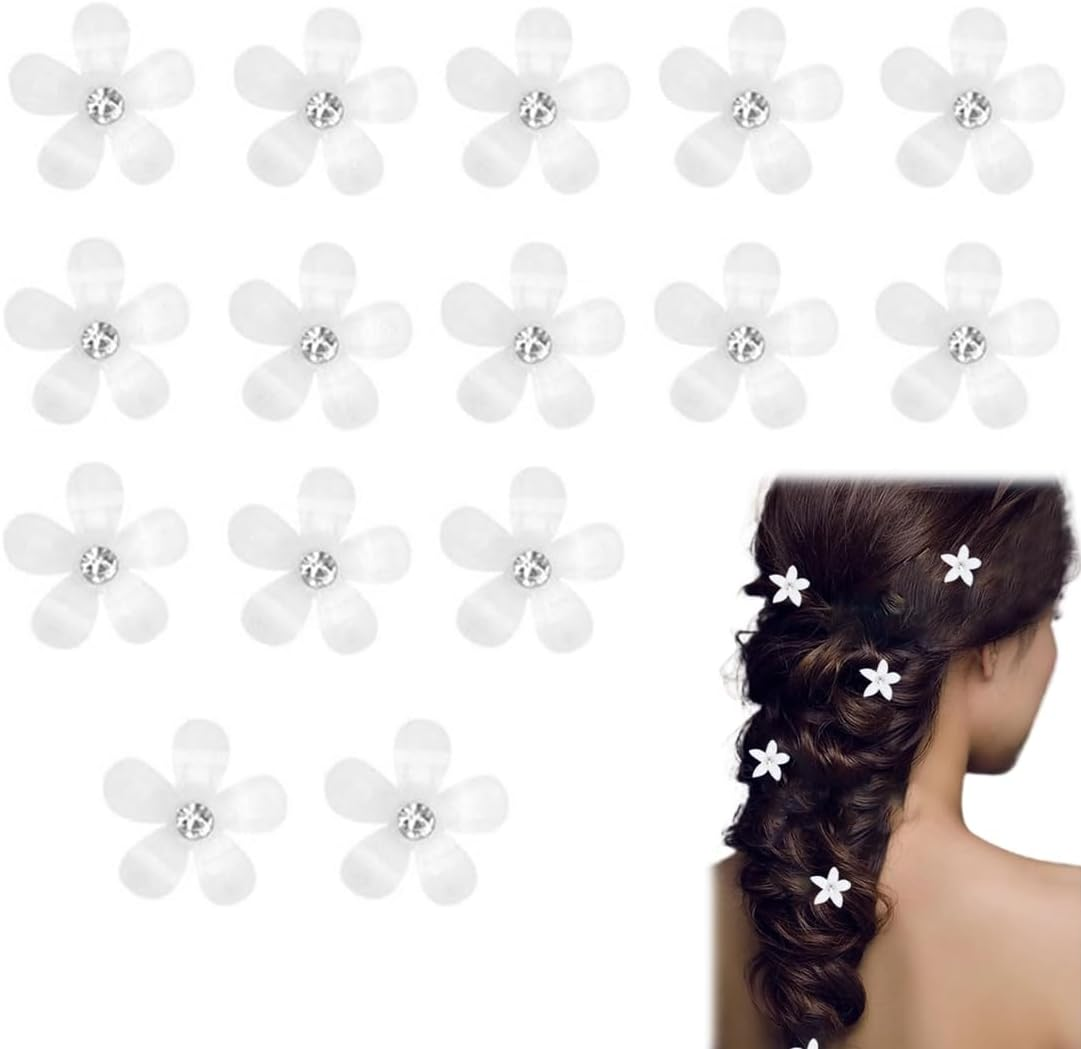 JRYXDS Pack of 10 White Mini Flower Hair Clips with Rhinestones, Metal Hair Pins for Women, for Girls, Wedding, Hair Accessories, Decorative image number 4