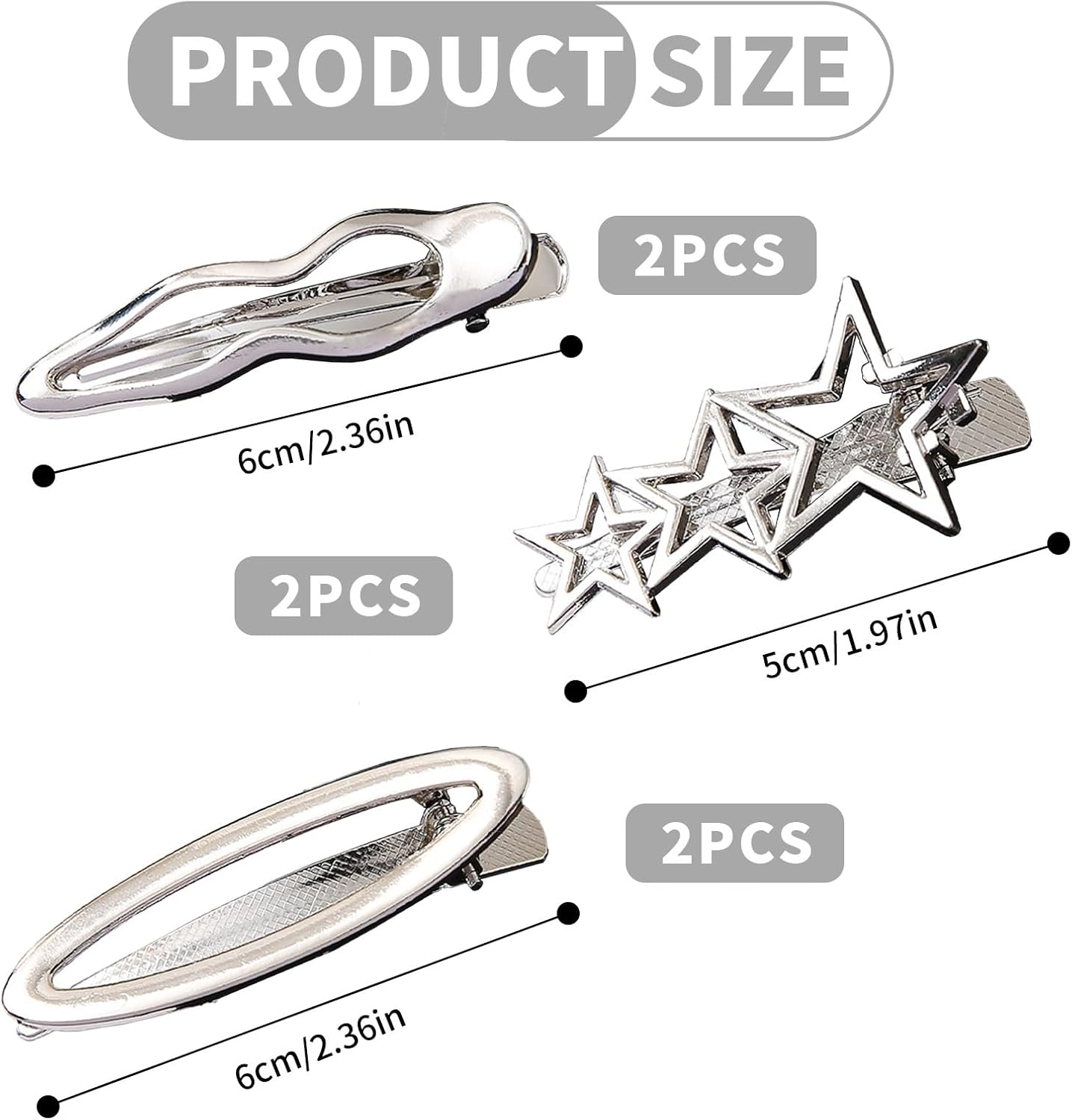 YCHYAN Pack of 6 Silver Hair Clips, Various Silver Metal Hair Clips, Y2K, Women'S Silver Snap Hair Clips, Suitable for Daily Wear, Party Dress Up, Secure the Hair image number 3