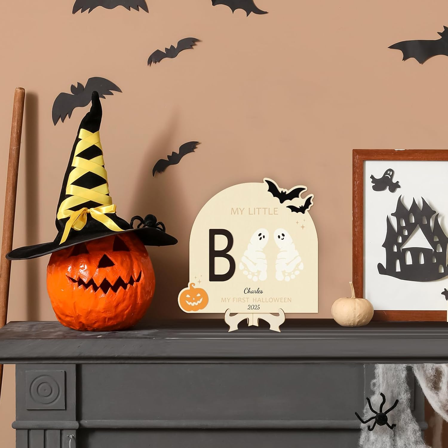 Sereliy Baby'S First Halloween DIY Footprint Art Card, Wooden Little Boo Sign Keepsake Ornaments for Baby Shower Newborn Photoshoot Prop (Boo) image number 2