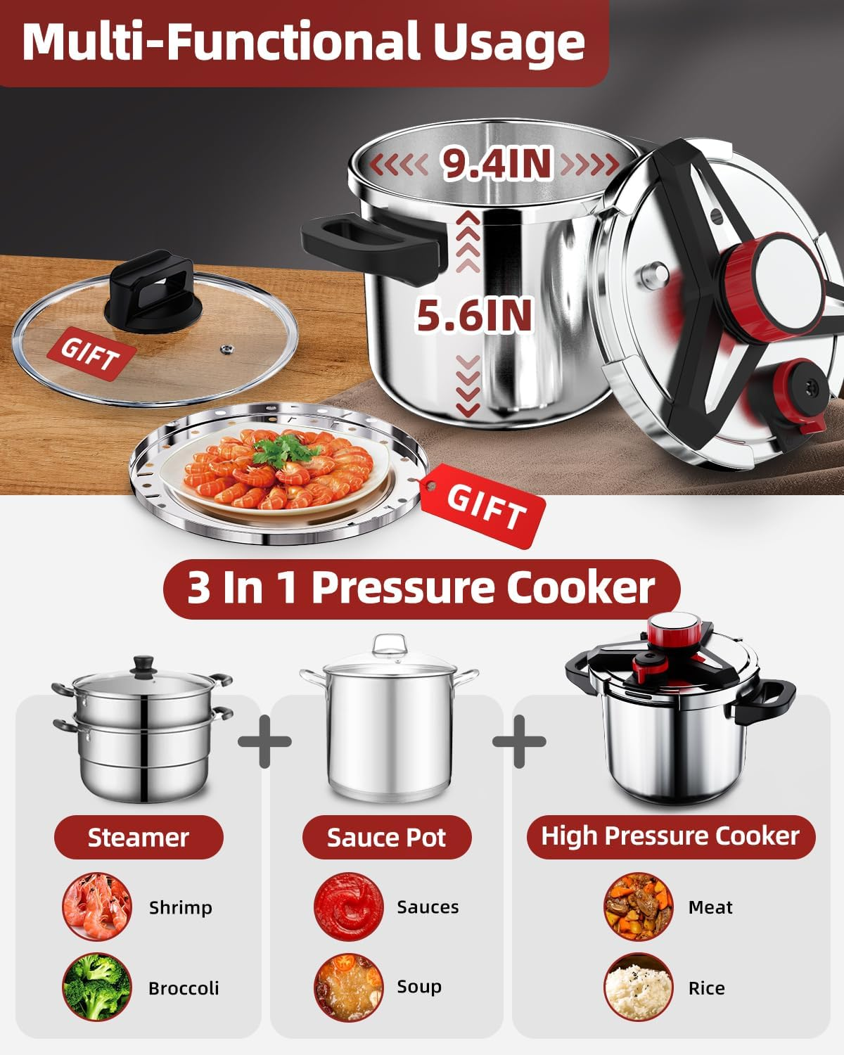 3-In-1 304 Stainless Steel Pressure Cooker 6 Liter: [Explosion-Proof] [3 PSI Settings], One-Hand Locking, Induction Compatible, Glass Lid & Steamer Rack Included, Olla De Presion, Meat、Soup (6L) image number 6
