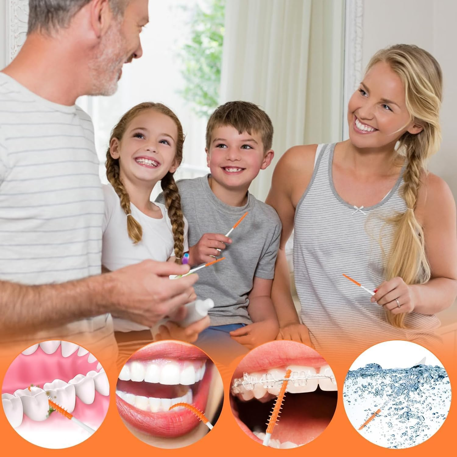 Dental Floss Picks Soft Interdental Brush, Braces Brush, Floss Picks for Teeth, Disposable Interdental Brush, Suitable for Cleaning Teeth Health (Orange) - Blue image number 2