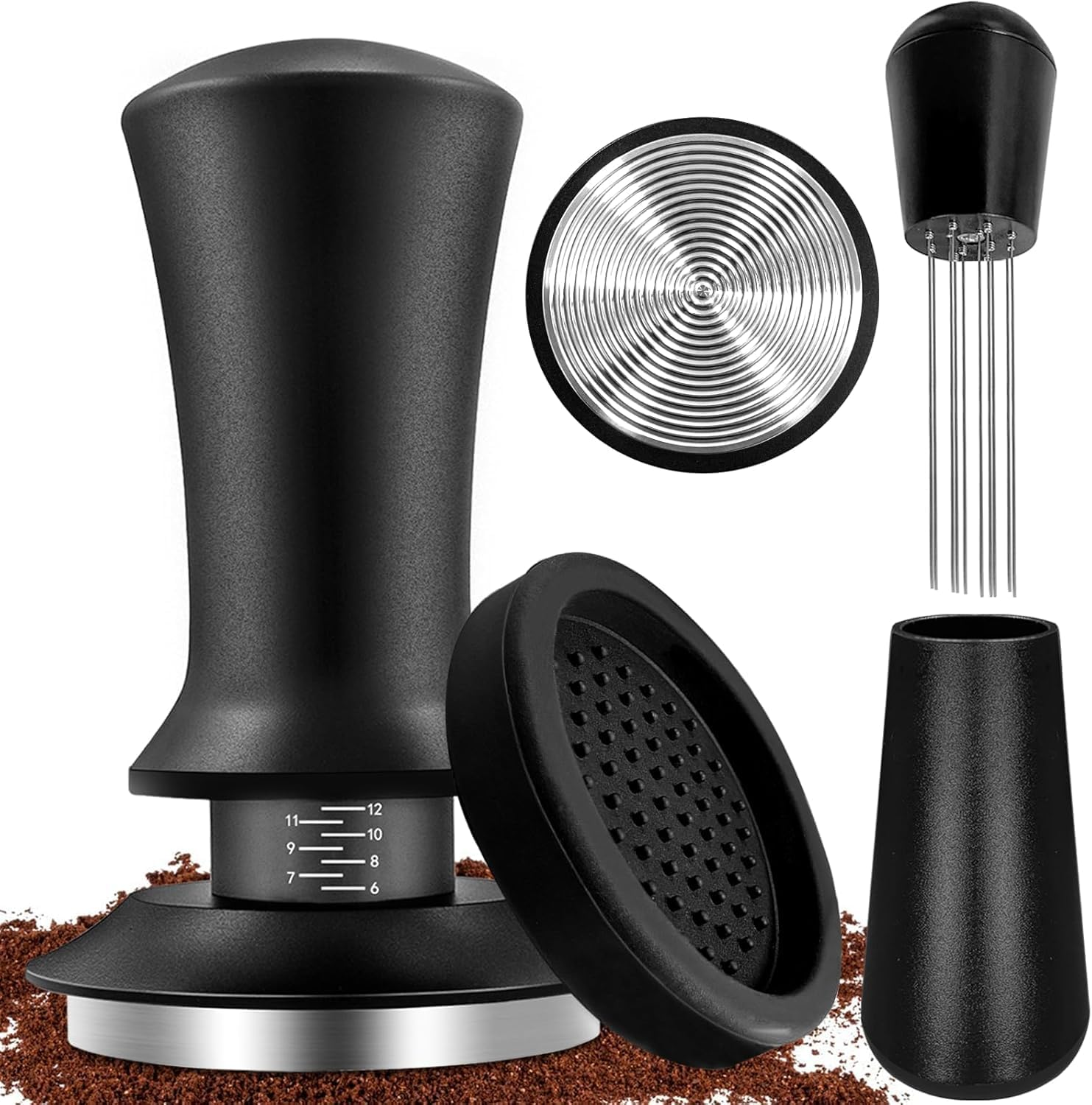 53Mm Espresso Tamper, with Spring Loaded Calibrated Espresso Tamper with Silicone Tamper Mat with Scale Adjustment, Espresso Distribution Tool, Stainless Steel Base Tamper for Espresso Coffee Machine