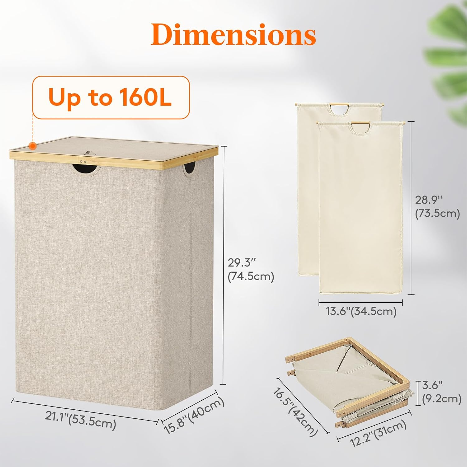 Lifewit 160L Double Laundry Hamper with Lid, Extra Large Bamboo Laundry Basket Dirty Clothes Hamper, 2 Section Laundry Bin Organizer for Laundry Room Bedroom with 2 Removable Liners & Bags, Beige image number 2