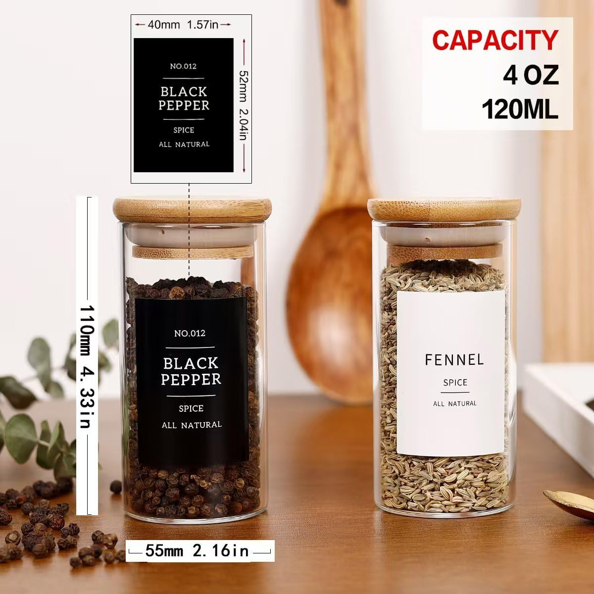 CZZGSM 24 Pcs Glass Jars with 296 Spice Labels Preprinted of White and Black Color- 4Oz Thicken(2.4Mm) Empty Small Herb Seasoning Containers with Bamboo Airtight Lids image number 2