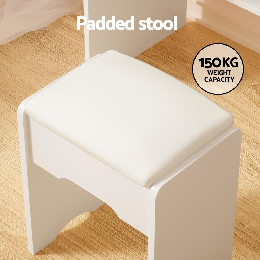 Artiss Dressing Table, LED Mirror Makeup Stool Set Wooden Vanity Desk Chair, Home Bedroom Furniture Girls Kids Women Organisers, Drawers Shelves Wide Tabletop White image number 1