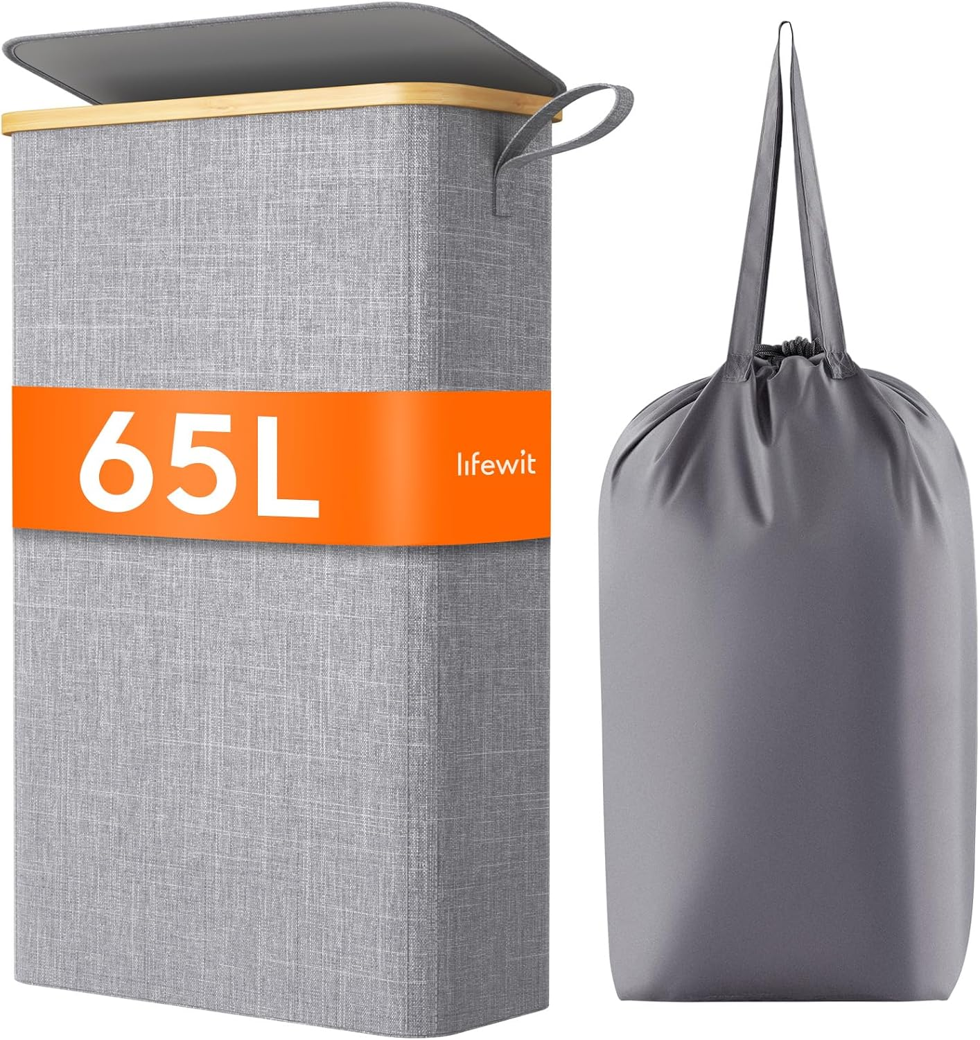 Lifewit 65L Slim Laundry Hamper with Lid, Narrow Laundry Basket with Removable Bag & Bamboo Handles, Fodable Thin Dirty Clothes Hamper for Laundry Collapsible Bin for Bathroom Bedroom Dorm, Gray