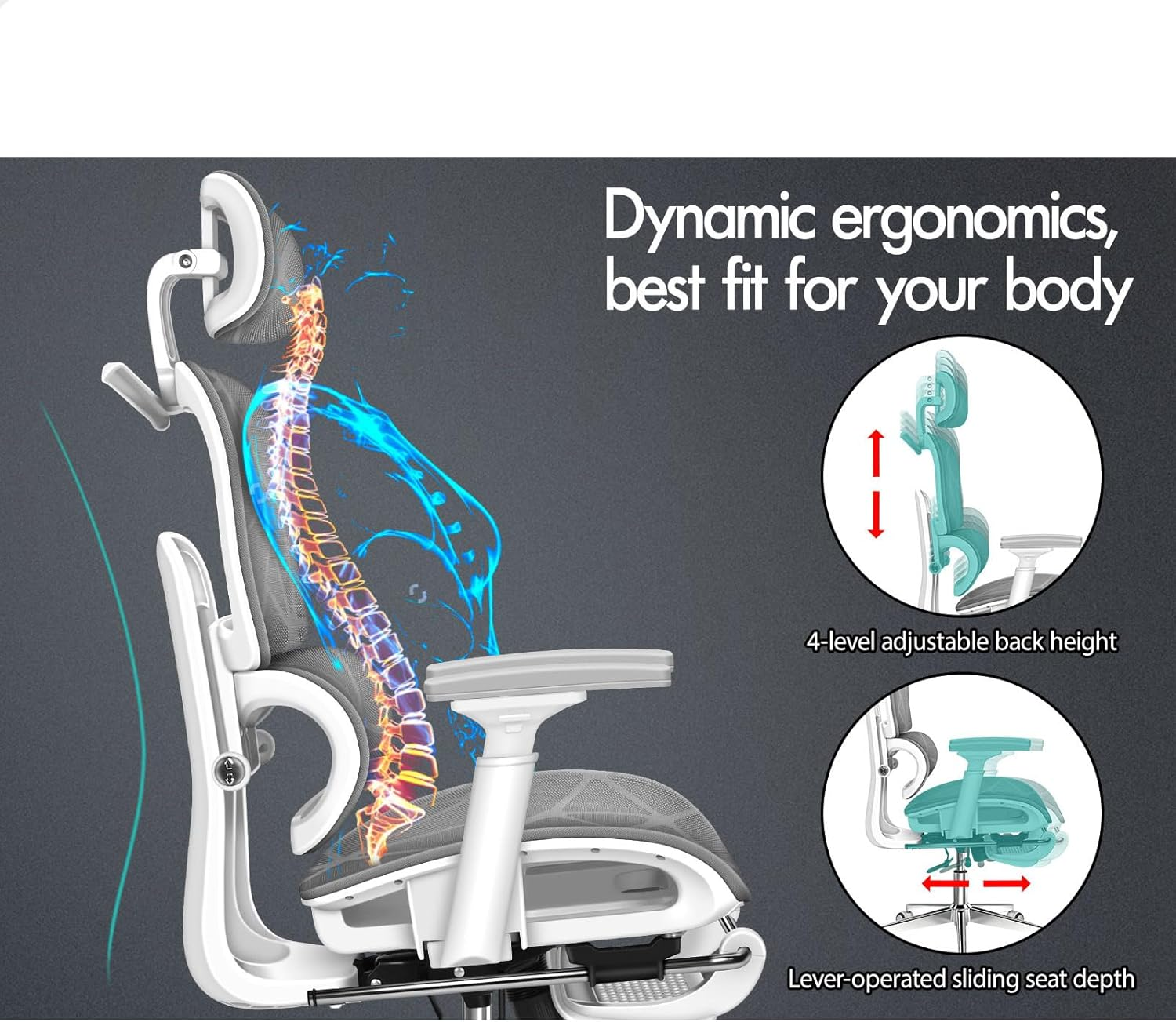 ALFORDSON Patton White Grey Mesh Gaming Chair for Executive Computer Desk, Recline Tilt Adaptive Back Support, Ergonomic Office Chair with 3D Adjustable Armrest and Headrest & Footrest, Max 180Kg image number 2