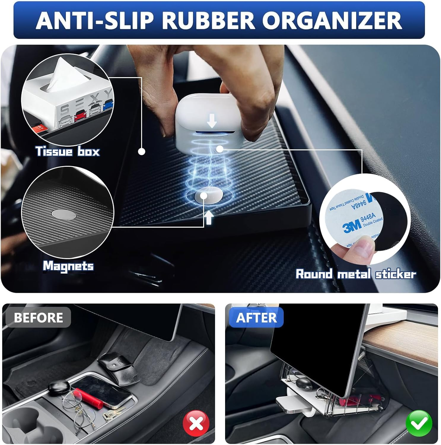 Car Center Console Organizer for Tesla Model 3 Model Y, Magnetic Tray under Screen Storage Box Dashboard Holder for Tesla Interior Accessories image number 5