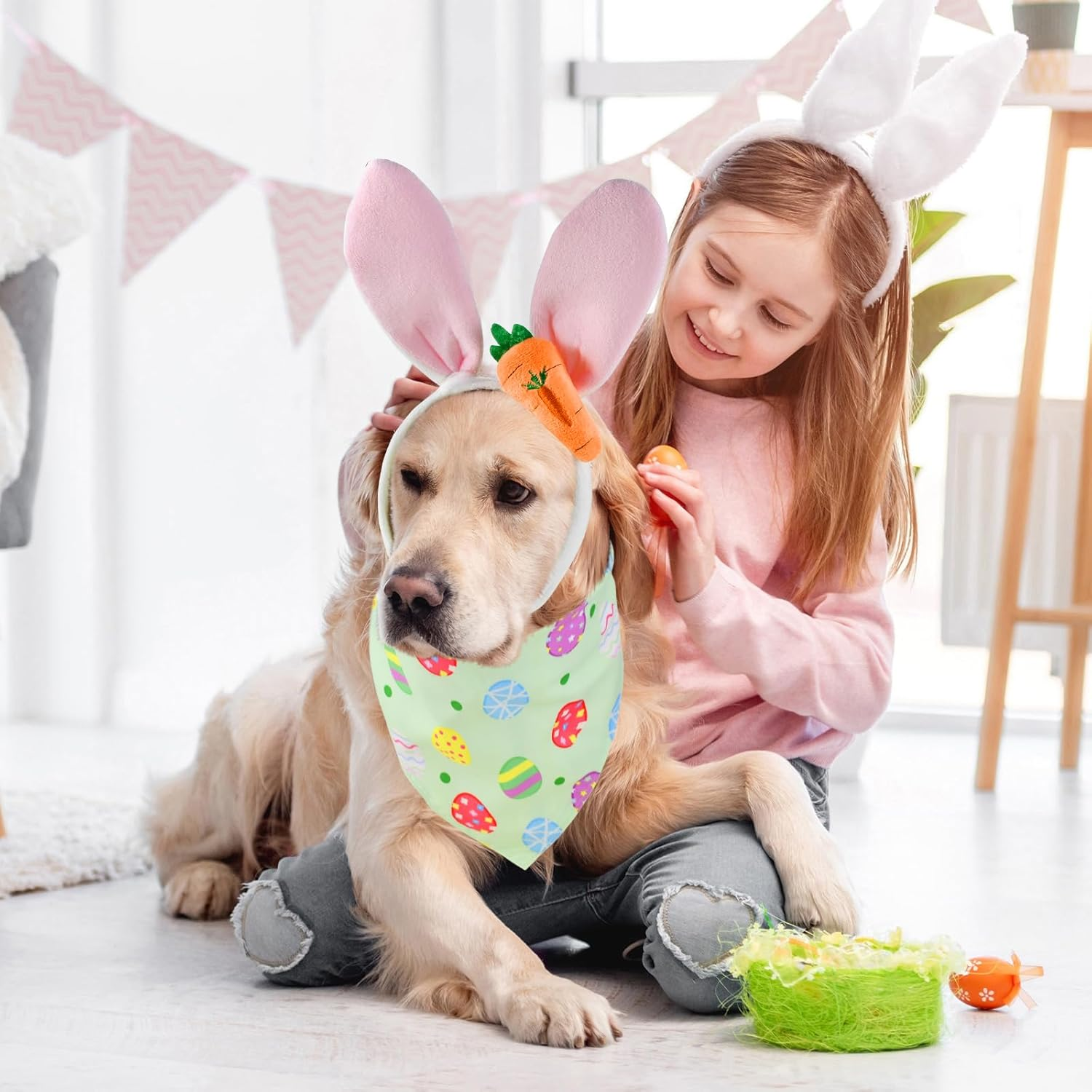 Cooshou Bunny Ears Headband & Reversible Bandana Set for Dogs - Easter Dog Costumes with Cute Carrot & Reversible Pattern - Small/Medium/Large Sizes (2 Sets) image number 4