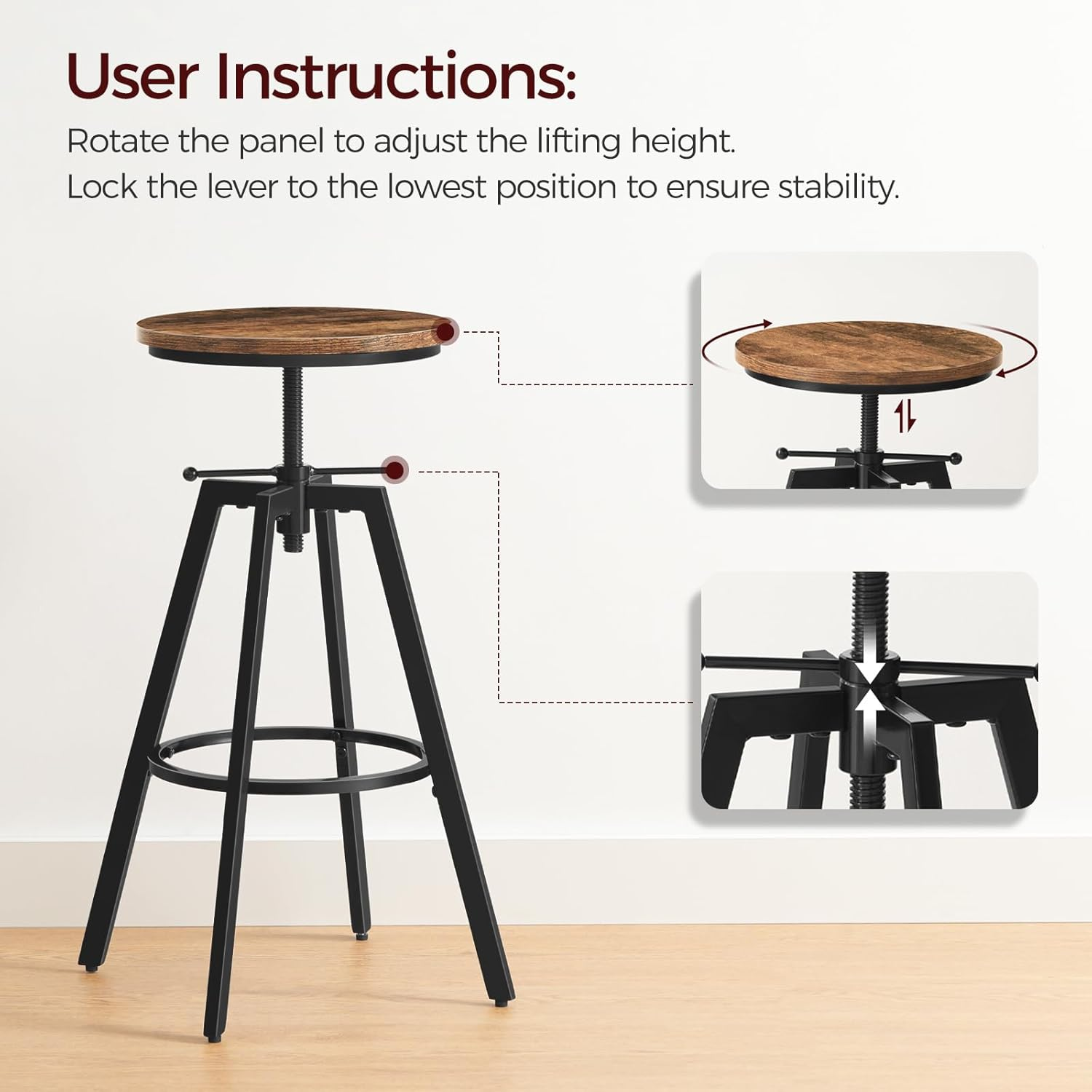 MAHANCRIS Bar Stools, Height Adjustable Swivel Bar Stool, Counter Height Bar Stool, Set of 2 Industrial Bar Stools, Vintage round Bar Chairs with Sturdy Metal Frame, Rustic Brown BAHR0701 image number 1
