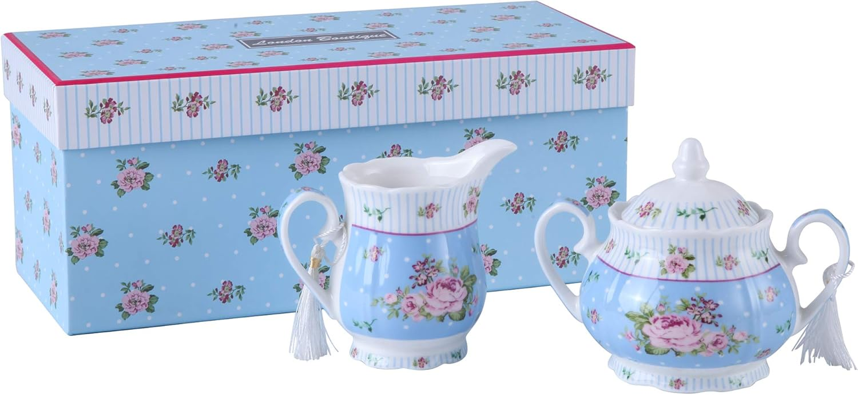 London Boutique Porcelain Teapot Sugar Bowl and Cream Milk Jug Shabby Chic Vintage Floral in Gift Box 40Oz (Teapot Rose Pink)