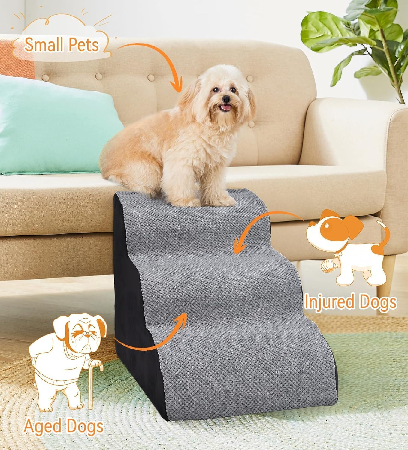 Dog Stairs for Small Dogs,3 Steps Pet Ramp,30D High Density Dog Ramp,Pet Steps for Bed and Couch,Dog Steps for Bed,Pet Stairs for Injured Dogs, Elderly Pets, Small Cats, Easy to Walk image number 1