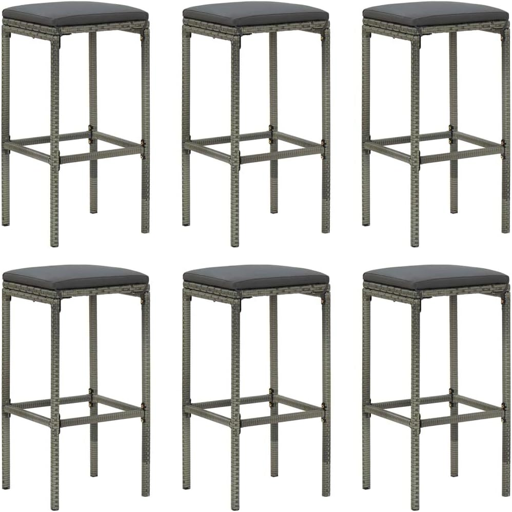 Vidaxl Set of 6 Poly Rattan Bar Stools - Grey, Modern Design, Steel Frame, Weather-, Removable and Washable Seat Cushion