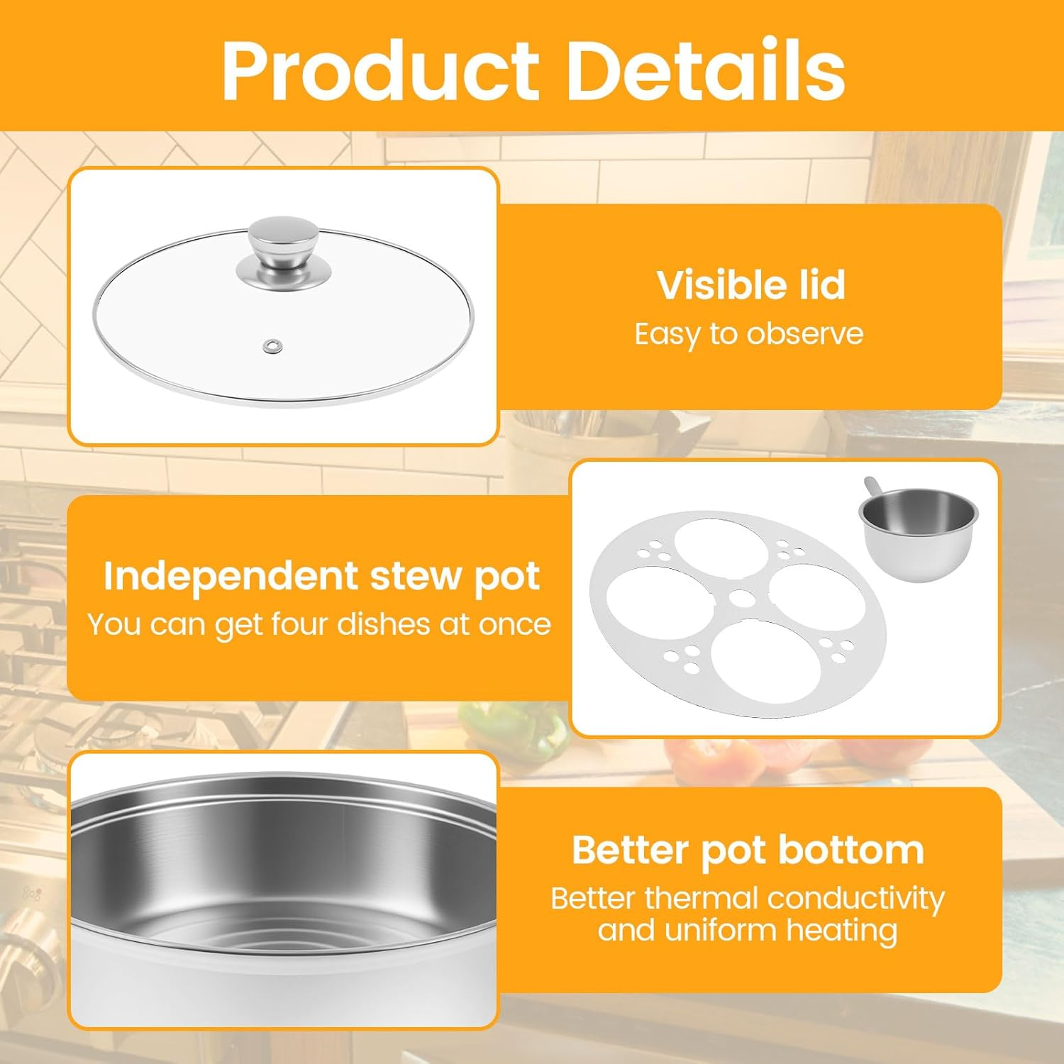 MFAUCAZB Stainless Steel Egg Poacher, 4-Cup Poached Egg Pan with Glass Lid, Induction Cooker Compatible, Easy to Store and Clean image number 4