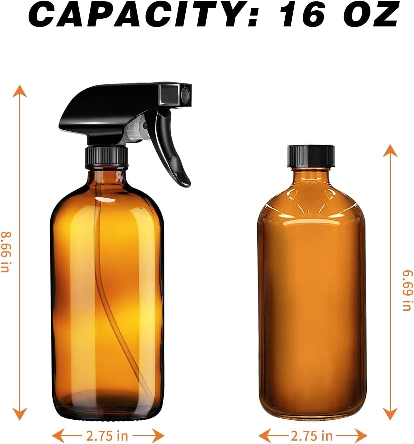 Empty Amber Glass Spray Bottles with Labels (2 Pack) - 16Oz Refillable Container for Essential Oils, Cleaning Products, or Aromatherapy - Durable Black Trigger Sprayer W/Mist and Stream Settings image number 2