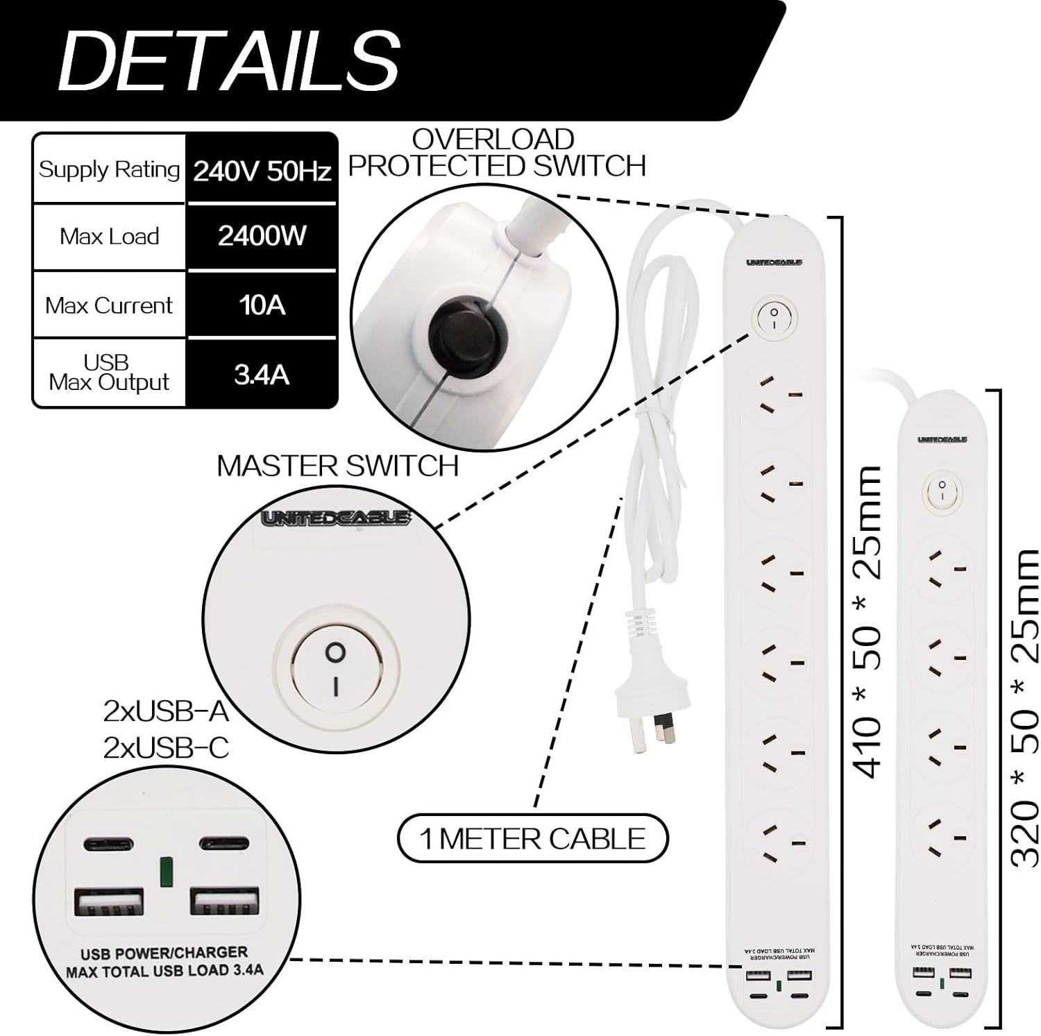 4 Outlets Power Board Overload Protection with Master Switch,Power Board with Protected Indicator Light with 1 Meter Cable SAA Apporved Safety Wall Mounted (4 Outlets with 2Xusb-A 2Xusb-C Ports) image number 2