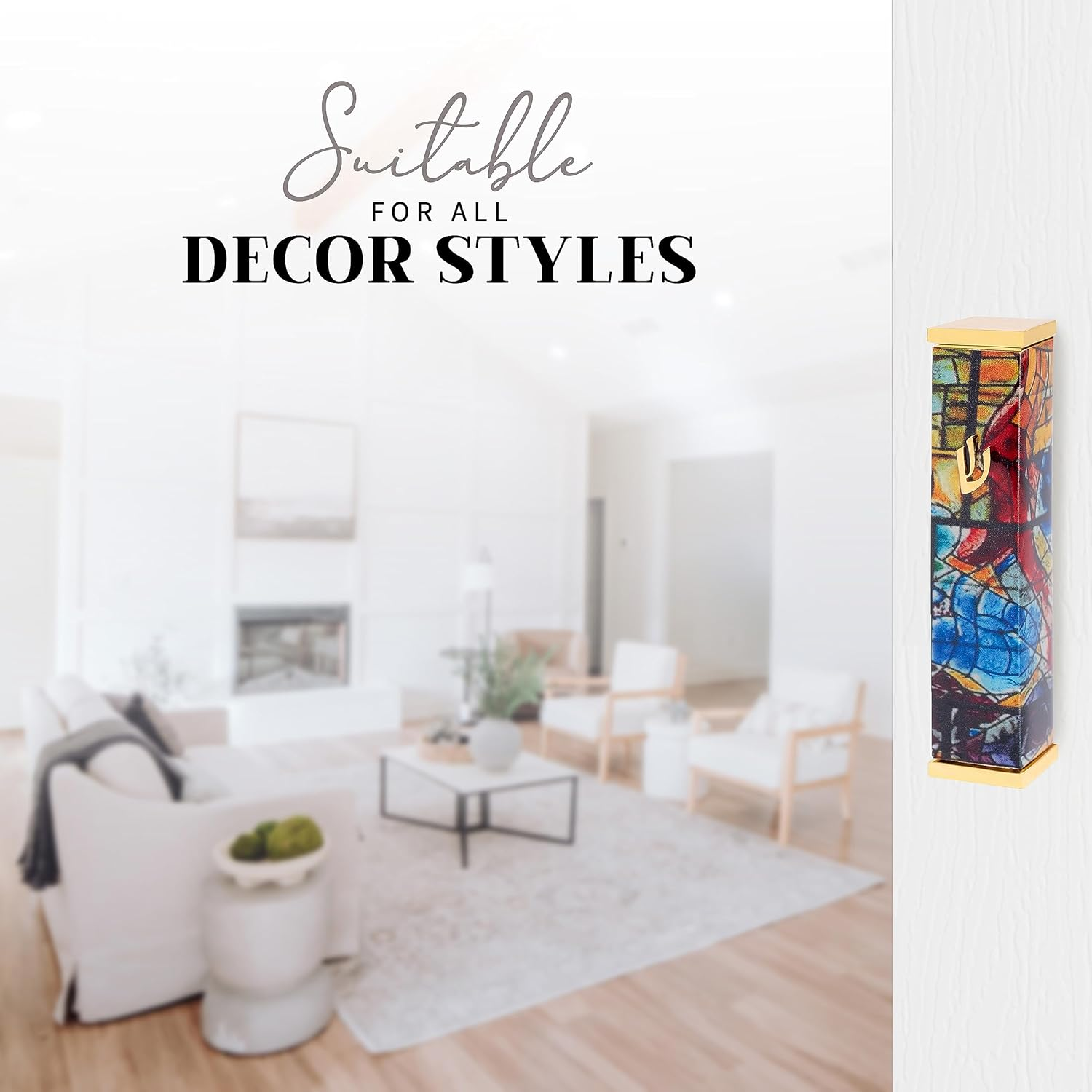 SURI Mezuzah for Door with Printed Scroll inside | 4" Modern Mezuzah Case with Yellow Chagall Design, 24K Gold-Plated Aluminum | Jewish Gift from Israel, Includes Adhesive - Blue  Gold image number 4