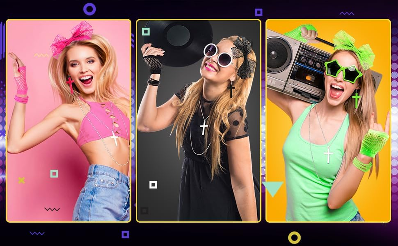 80S Accessories for Women Fancy Dress Costume Lace Headband Earrings Fishnet Gloves Necklace Bracelet for Neon Fancy Party, Black, Standard image number 2