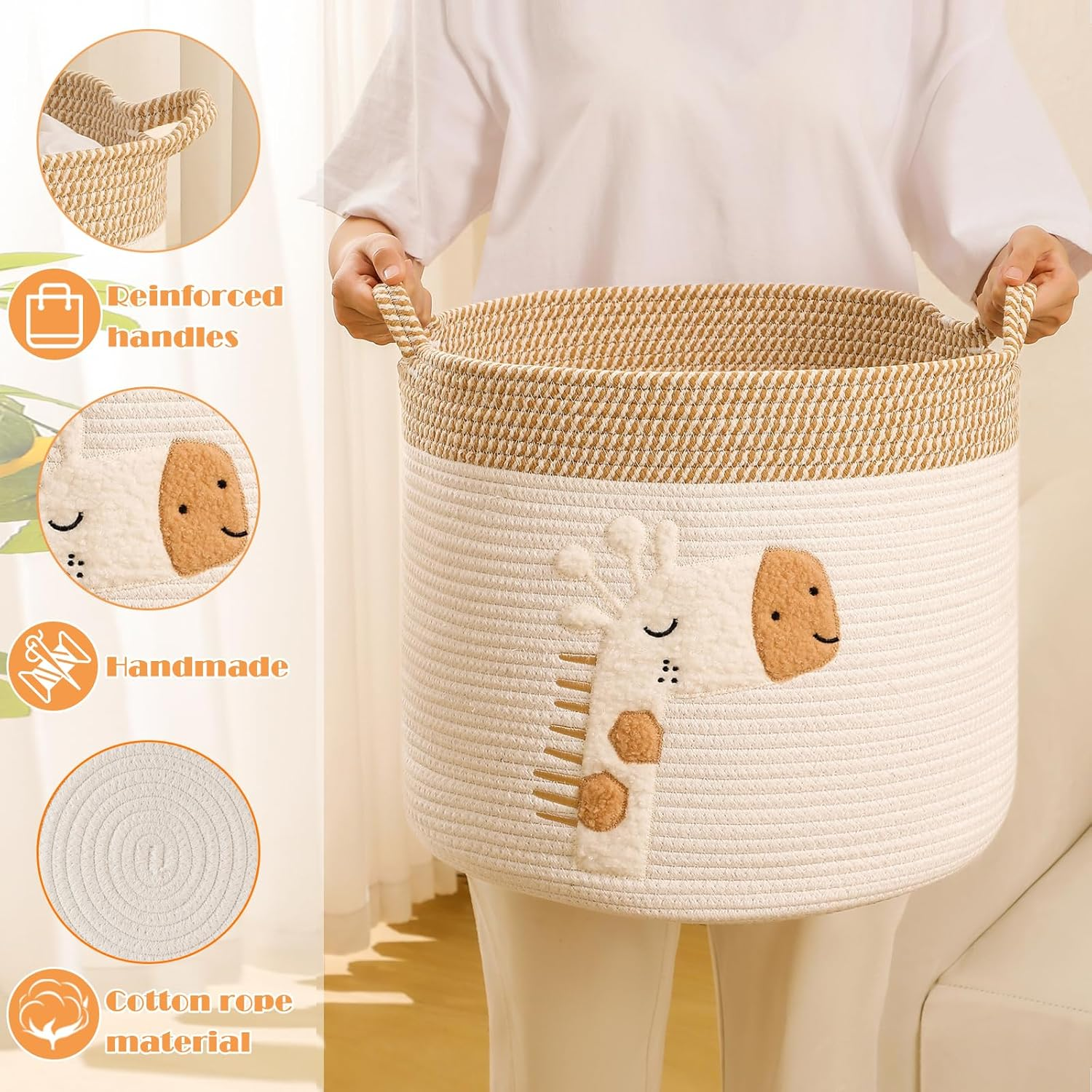Large Blanket Baskets for Living Room Decor, Toy Storage Baskets Woven Cotton Rope Storage Basket for Kids, Dog Toys Organizer Clothes Hamper with Embroidery Decor for Nurserylaundry (Large, Giraffe) image number 3