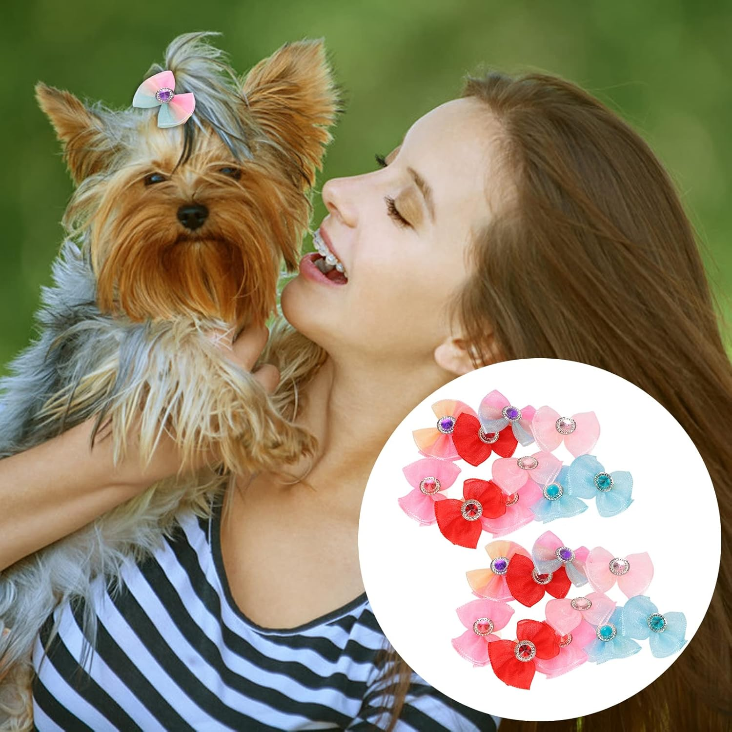 20Pcs Dog Bows, 10 Pairs Yorkie Dog Puppy Hair Bows with Rubber Bands, Elastic Multicolor Rhinestone Beads Cute Pet Small Dog Hair Bowknot Grooming Accessories for Dogs