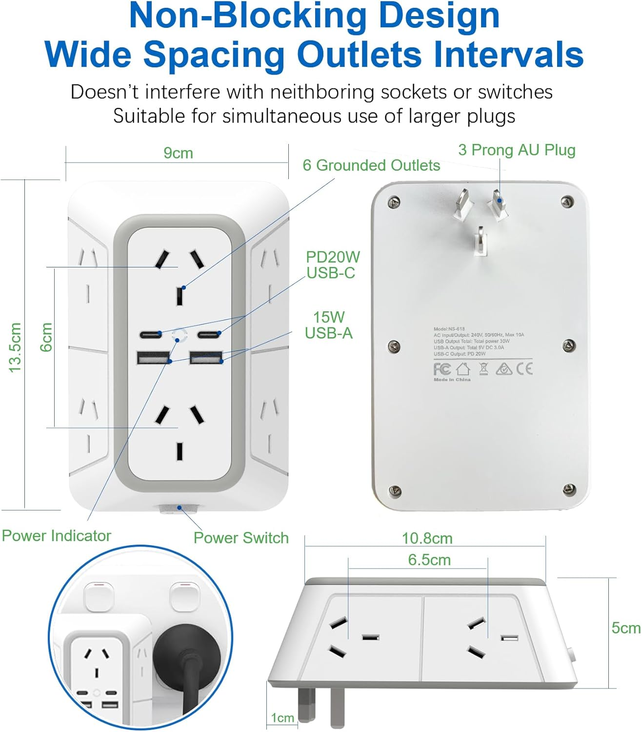 NEWSEE 6 AC Outlet Extender 2400W/10A Power Strip with 4 Fast Charging Ports (PD20W USB-C X2 + 15W USB-A X2) Surge Protector, Multi AU Plug Spaced Outlets Wall Adapter for Home, Office, Travel image number 2