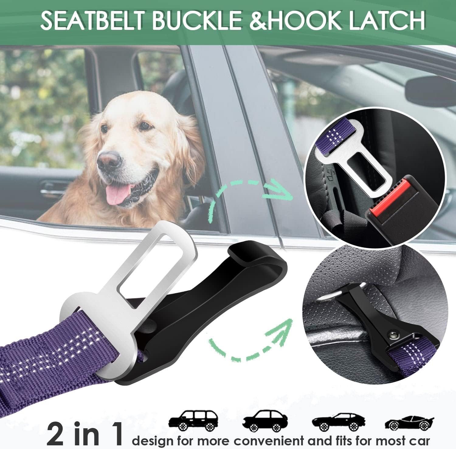 Slowton Dog Seat Belts for Car, 2 Packs Safety Dog Car Seat Belt Latch Bar Attachment Metal Buckle Dog Car Seatbelt Vehicle Trip Travel for Dogs Heavy Duty Elastic Tether for Daily Use in Car image number 2