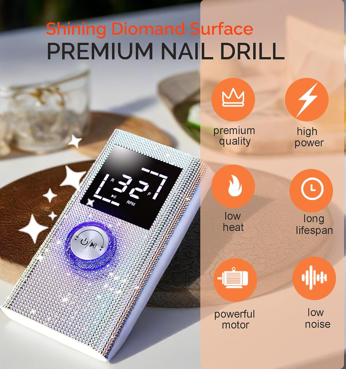 Cordless Nail Drill Machine ,OBEEGOO Diamond Surface Rechargeable Nail Drill 35000RPM Portable Electric E File Electric Acrylic Nail File Tools for Gel Nail ,Nail Beauty Salon (Diamond) image number 2