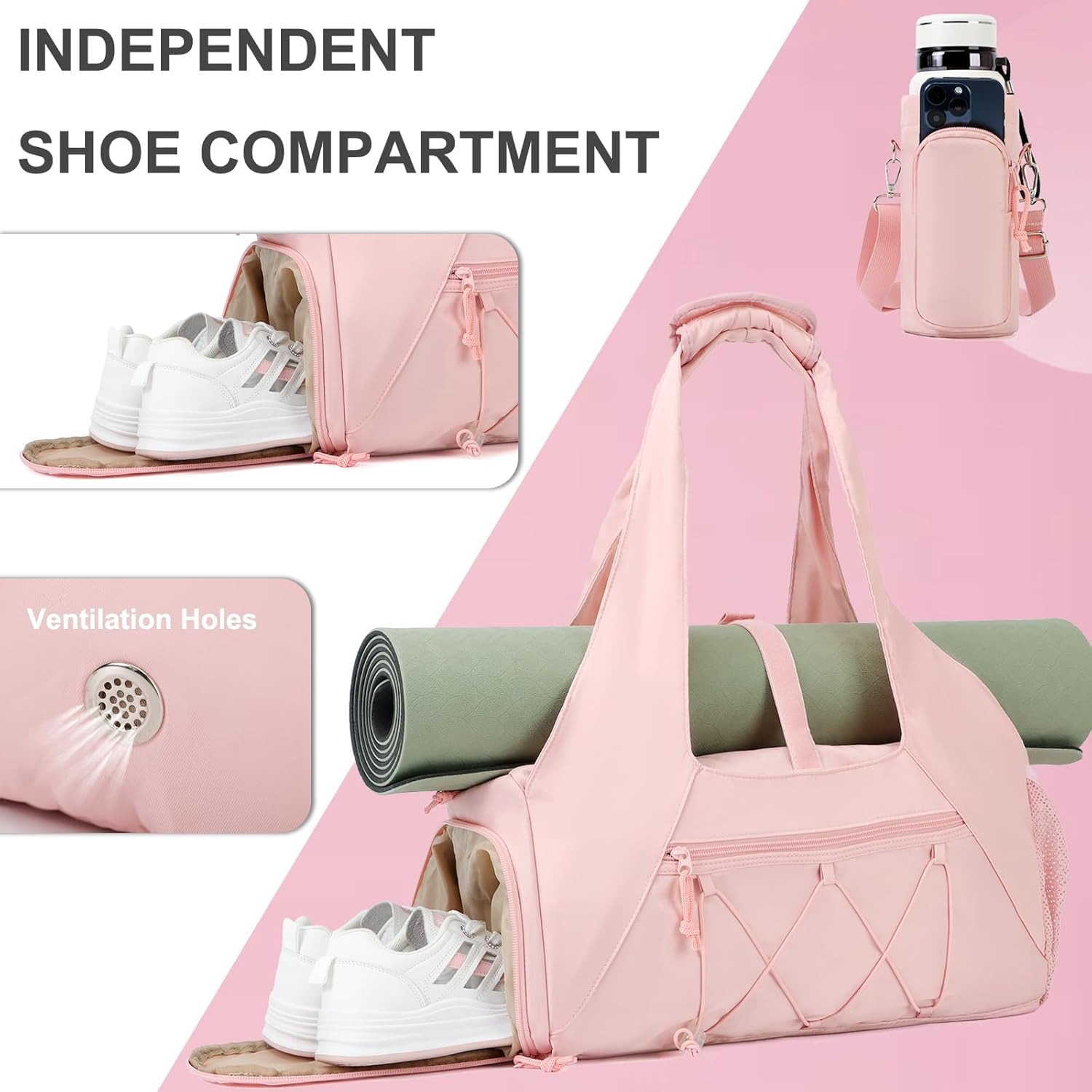 LEFAFA Gym Bag for Women, Lightweight Travel Duffel Bag with Shoe Compartment, Weekender Overnight Bags with Wet Pocket and Bottle Carrier Bag, Workout Yoga Gym Bags for Travel, Gym, Sports, Pink image number 1