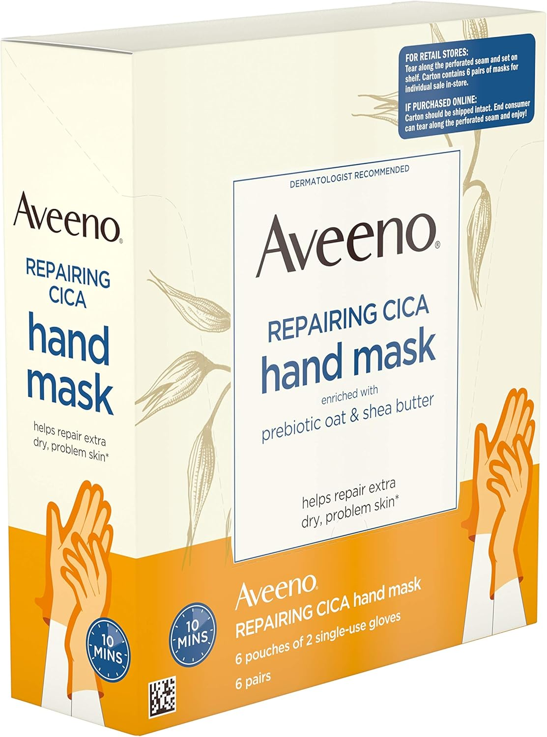 Aveeno Repairing Cica Hand Mask with Prebiotic Oat and Shea Butter, 6 Count