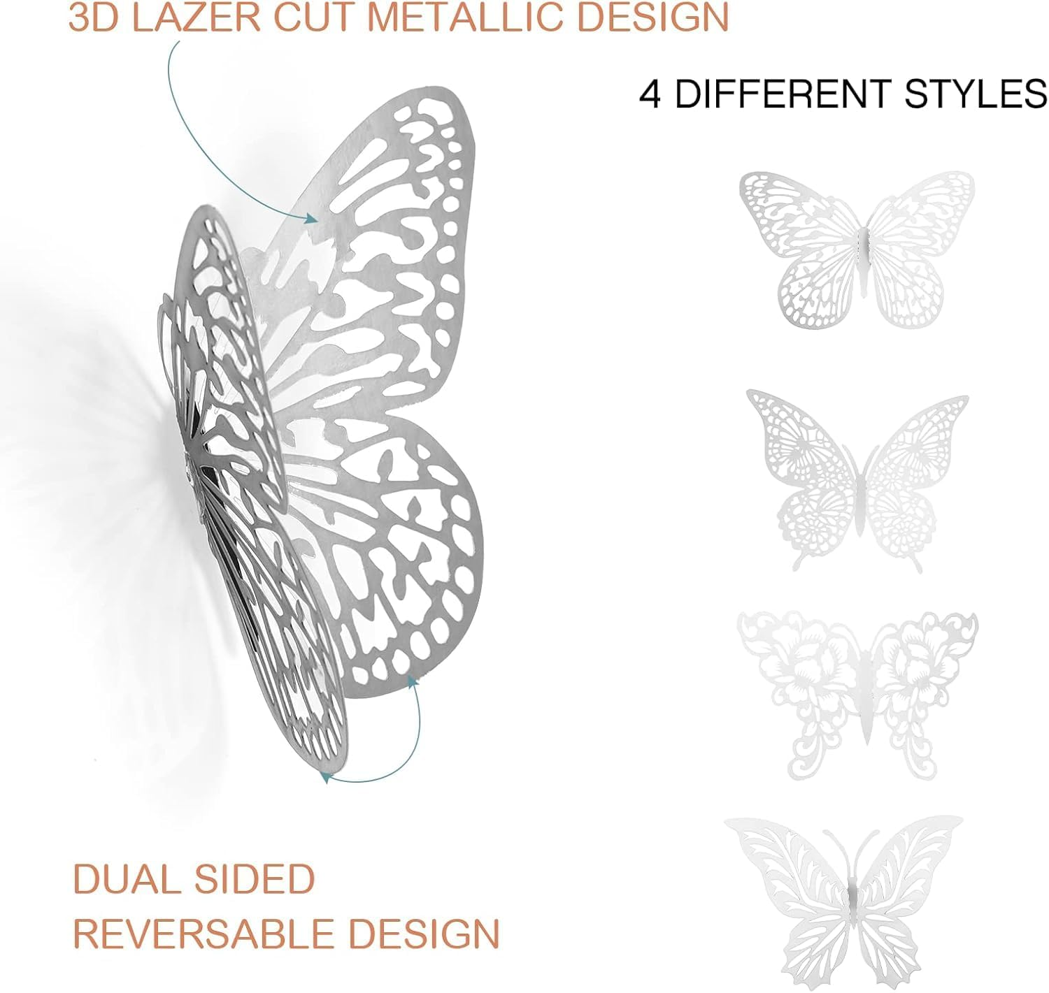 MKUCCD 3D Pink Butterfly Decorations Butterflies Stickers, 48Pcs 4 Styles 3 Sizes Butterfly Wall Decor Party Birthday Cake Decorations,Stickers Decals for Mirror Bedroom Wedding (Silver) image number 2