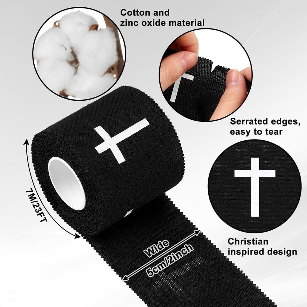 Christian Cross Athletic Sports Wrap Tape, 2 Roll Serrated Edges Cotton Soccer Baseball Wrist Wrap Ankle Tape with Black Cross,Cotton Cloth Breathable Athlete Tape Faith Religious Sports Wrap, Black image number 6