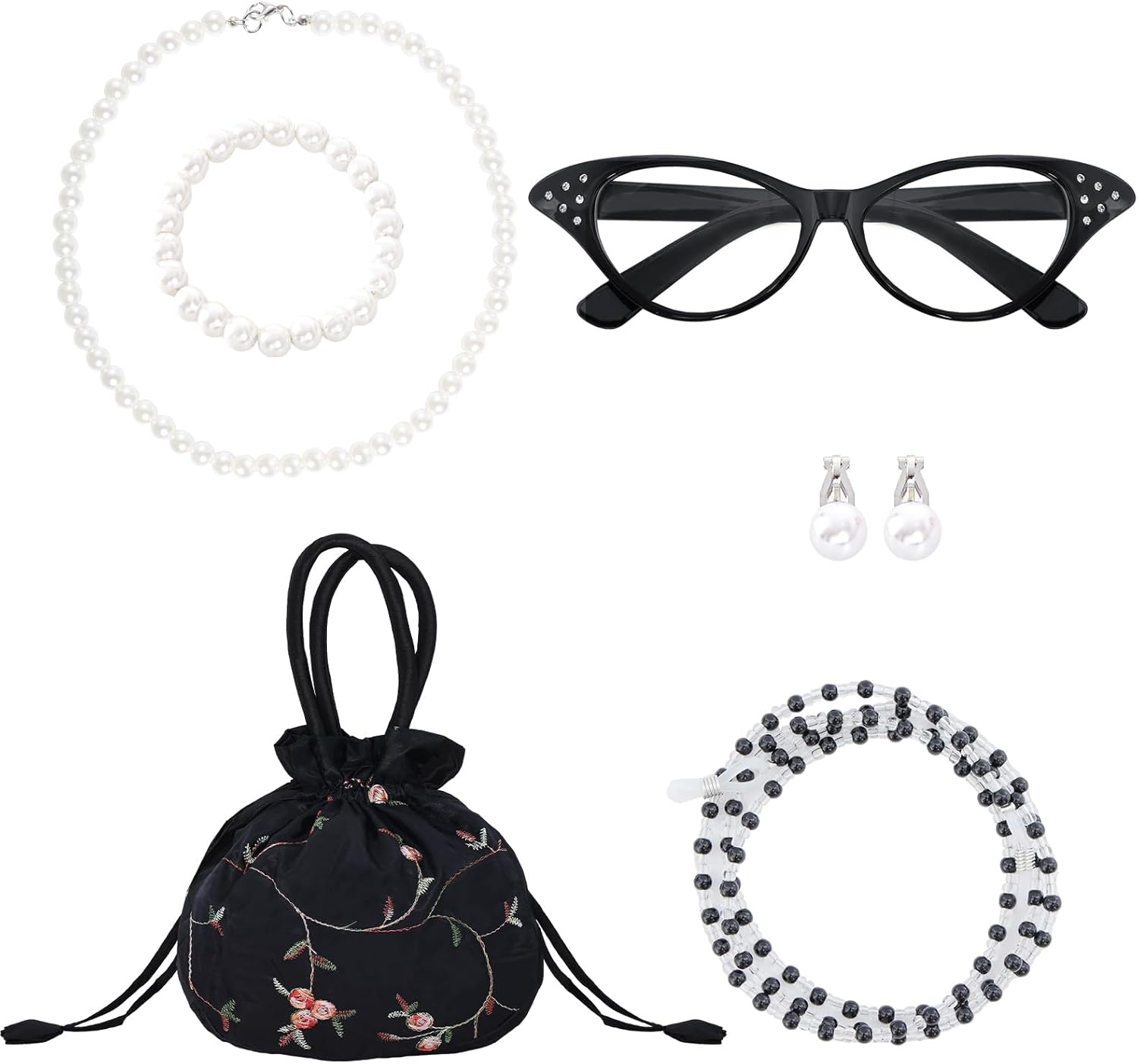 5 Pcs Old Lady Costume Set Grandma Granny Glasses Eyeglasses Chain Pearl Necklace Bracelet for Women Granny Halloween Costume image number 4