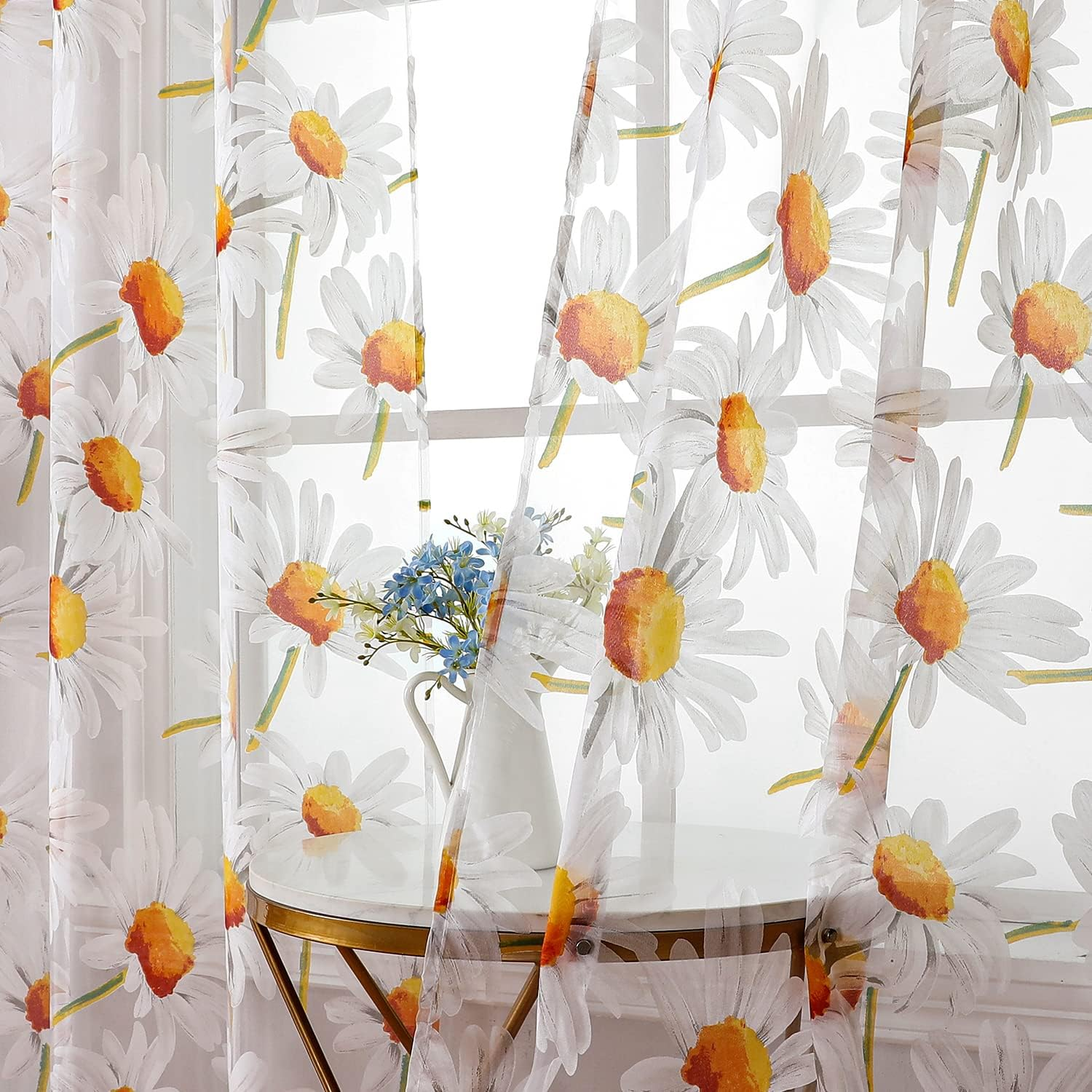 BROSHAN Floral Print Sheer Room Curtains, Pretty Pink Flower Curtain Sheers Sage Green Leaves Pattern Bedroom Curtain Set of 2 Botanical Voile Tulle Window Curtain Panels Rod Pocket