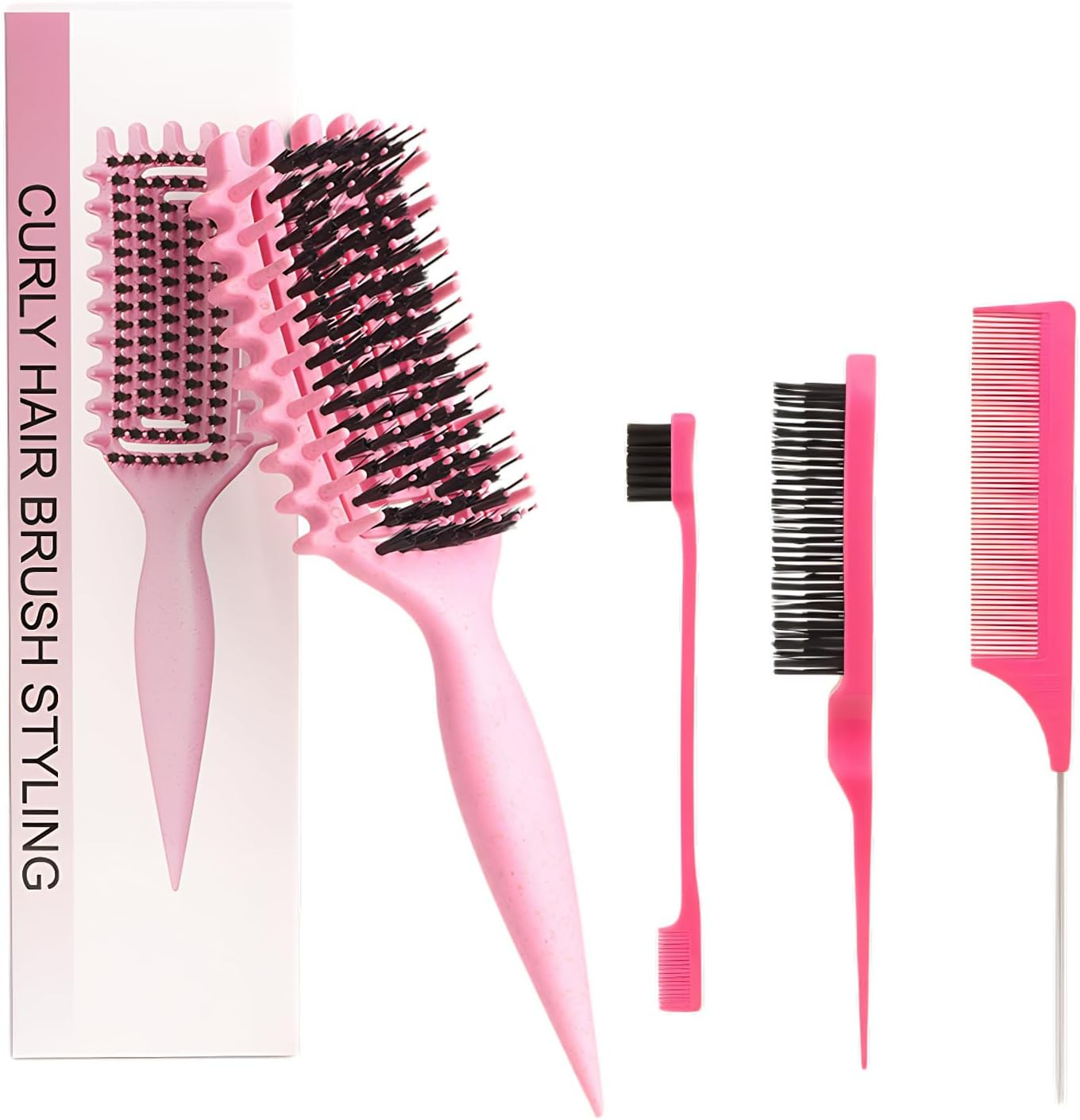 Curly Hair Brush,Curl Defining Brush plus 3 Pieces Hair Styling Comb Set(Slick Back Hair Brush,Rat Tail Comb,Edge Bristle Brush) for Combing, Shaping, Styling image number 3