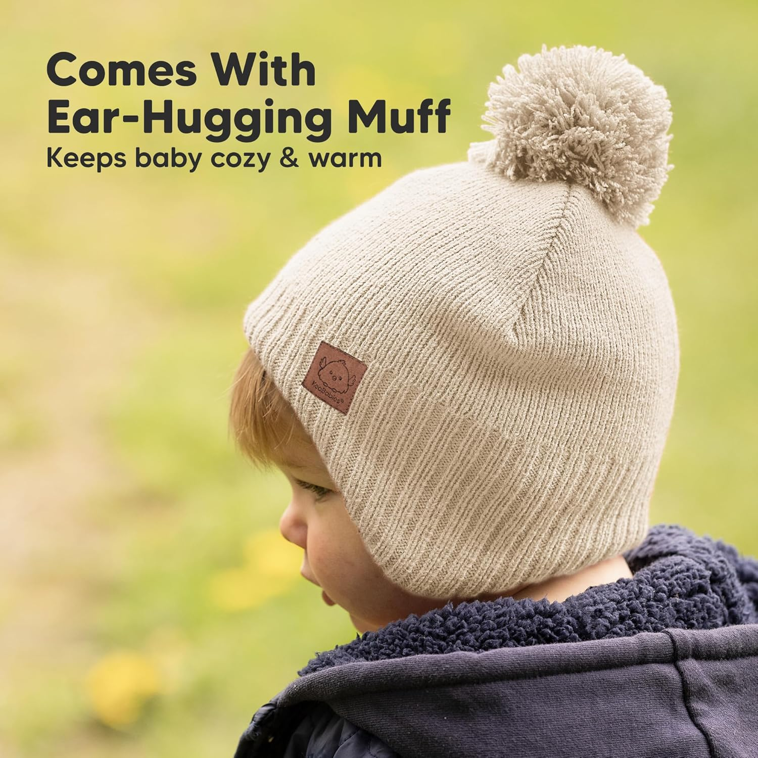 Baby Beanies, Baby Hats for Boys, Girls - Cute Toddler Winter Hat, Soft & Stretchy Beanies for Infant, Newborn 6-36 Months, Cozy & Warm with Earflap Muff & Pom (Cream) image number 2