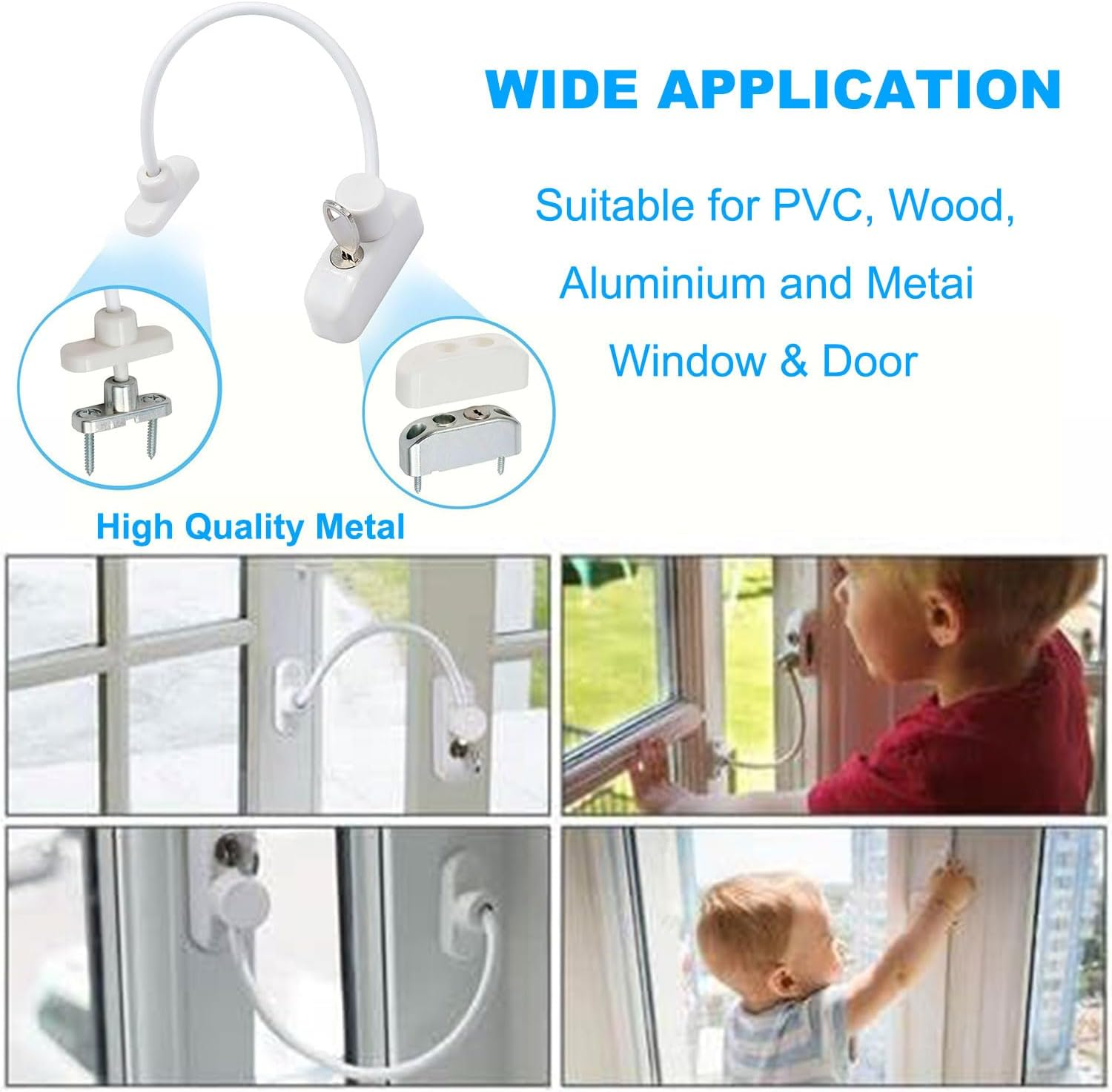 4-Pcs Door & Window Opening Restrictor, Lockable Safety Locks with Keys, Anti-Theft Window Guards for Child Safety, Security Cable Wire Catch to Prevent Kids from Falling (White) image number 4