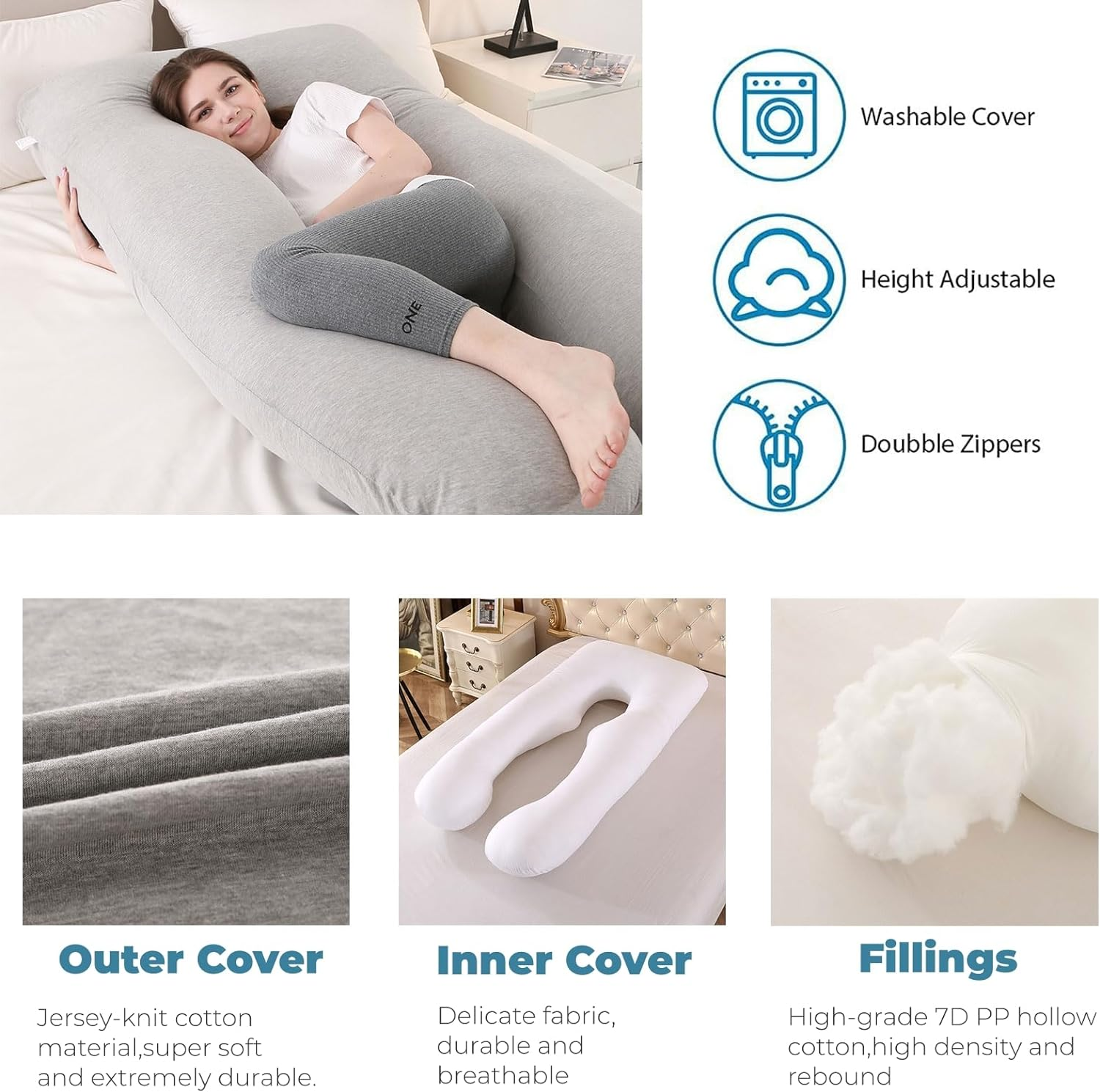 Pregnancy Pillow, Maternity Full Body Pillow for Back, Legs and Belly Support, U Shaped Full Body Pillow for Pregnant Women and Side Sleepers with Removable Cover (Knit Cotton, Grey) - Grey image number 4